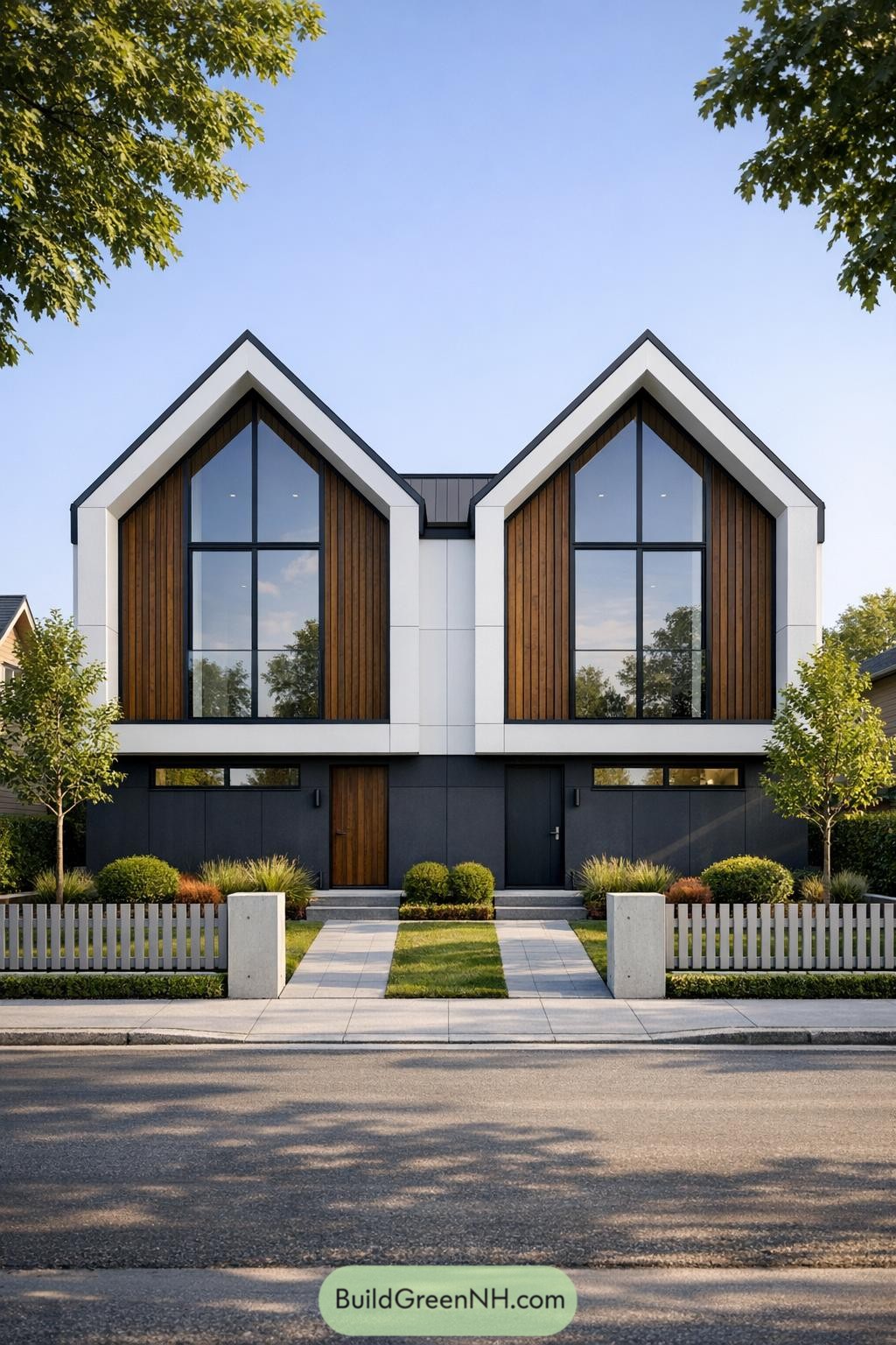 Modern twin-gabled Scandinavian townhouse facade with large windows and wood accents