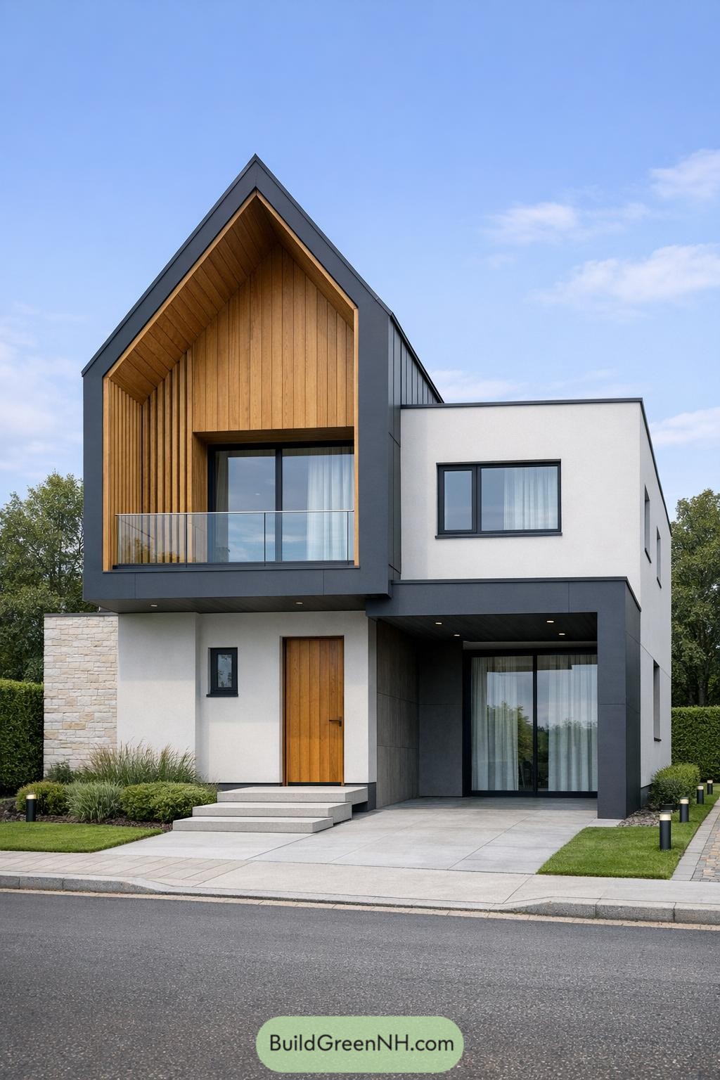 Two-story Scandinavian house with sharp gable, warm wood cladding, and crisp gray-and-white framing