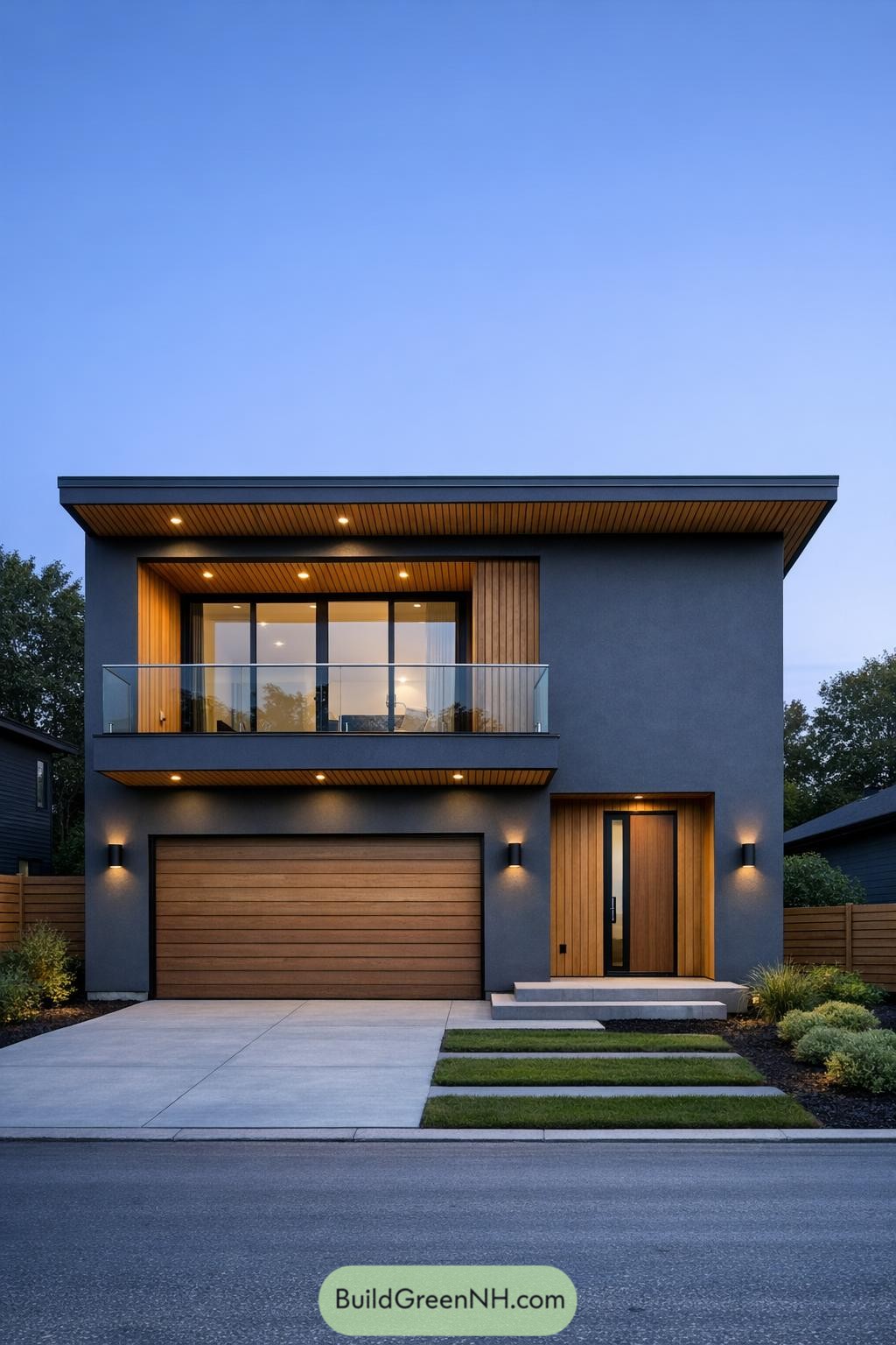 Two story modern house with dark facade large wood garage door balcony and glass railing at dusk