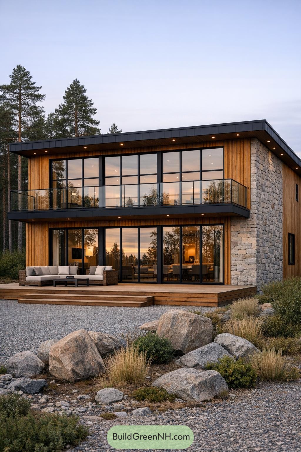 Two story Scandinavian home with flat roof, full height glass facade, timber cladding, and stone wall facing a rocky natural landscape