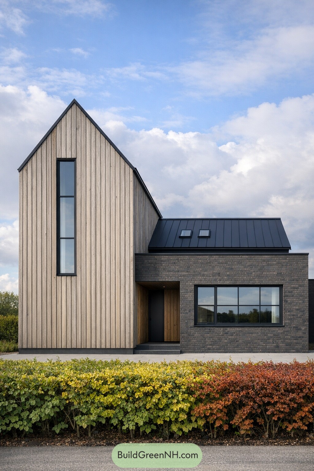 Scandinavian house with tall wood gable and dark brick wing