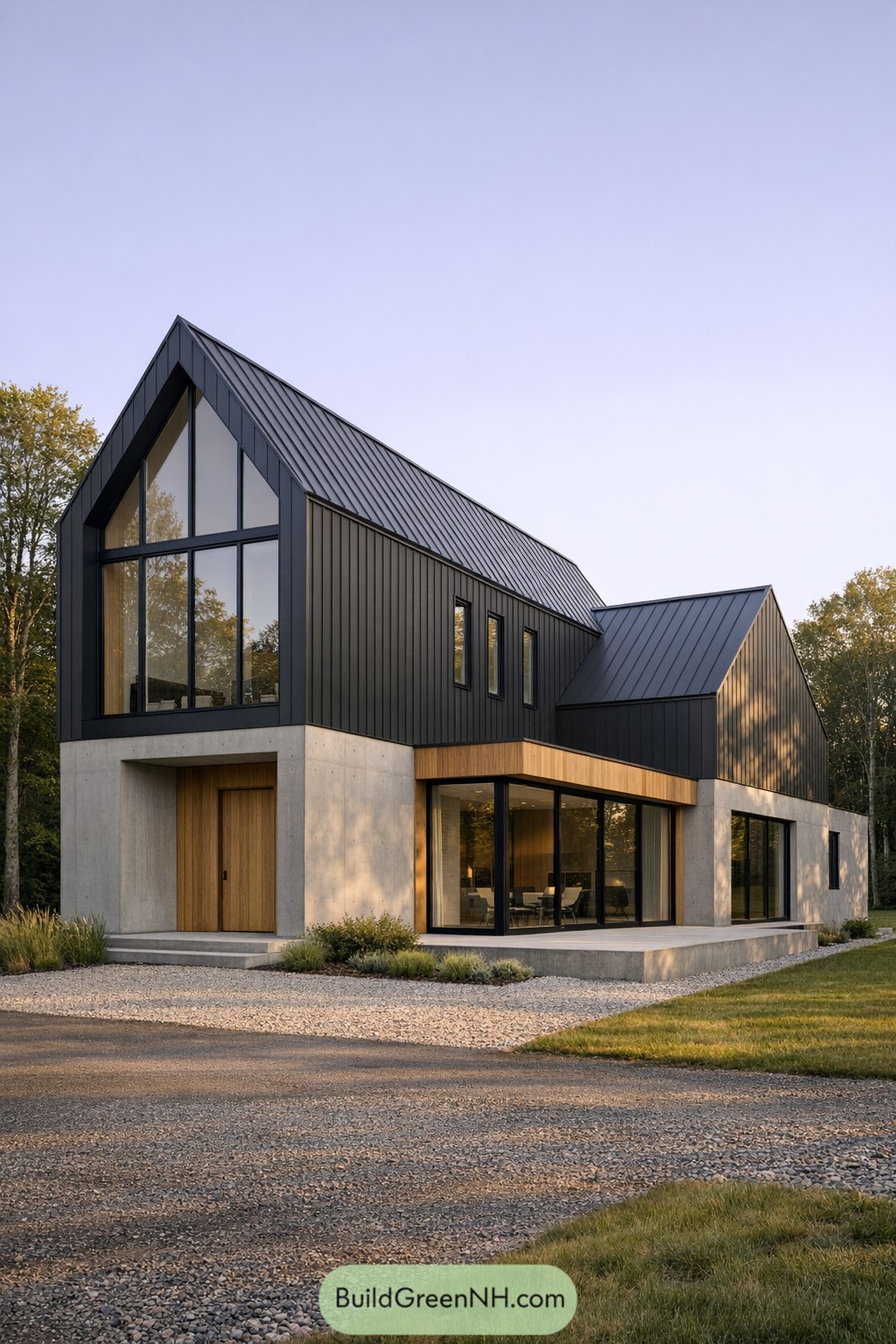 Modern black metal gabled house with concrete base, warm wood accents, and large windows facing a gravel drive and lawn