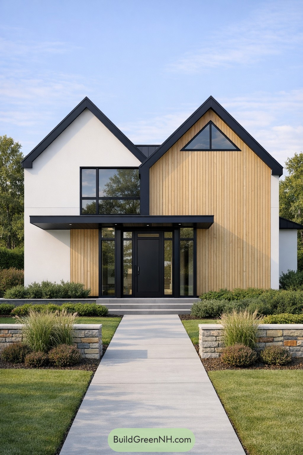 Modern Scandinavian house with twin gables wood cladding and large black-framed windows
