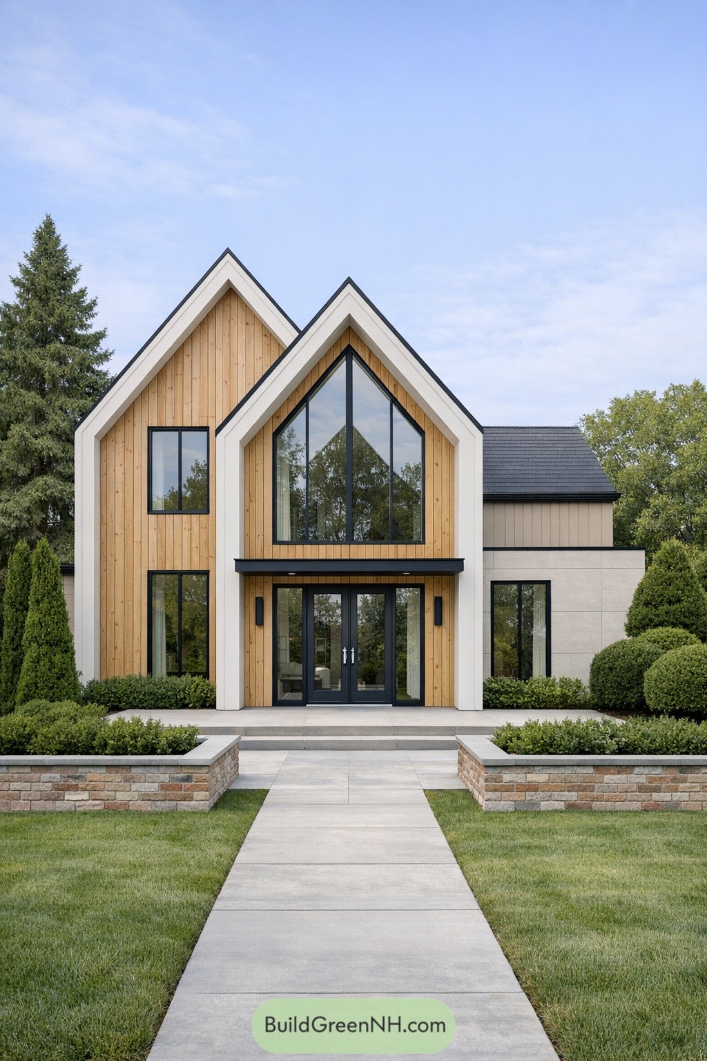Modern Scandinavian house with twin gables and wood facade