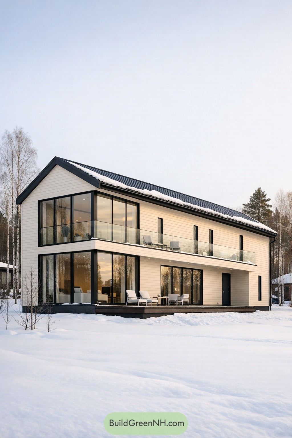 Two-story Scandinavian house with long glass facade and balcony facing snowy landscape