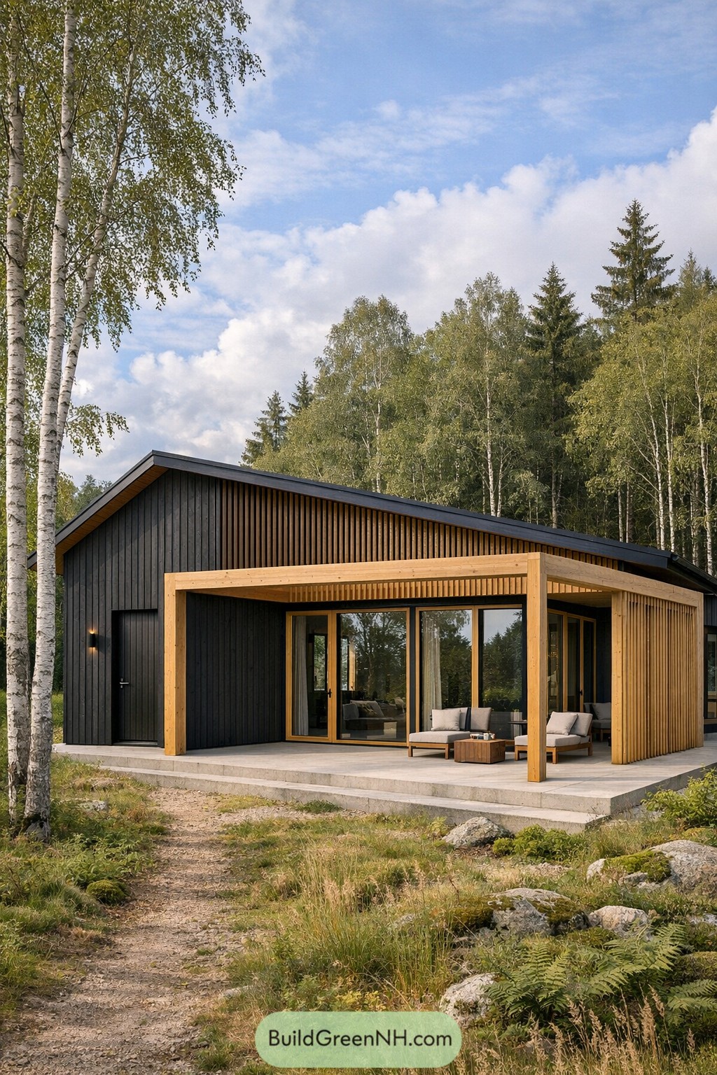 Modern black cabin with warm wood pergola