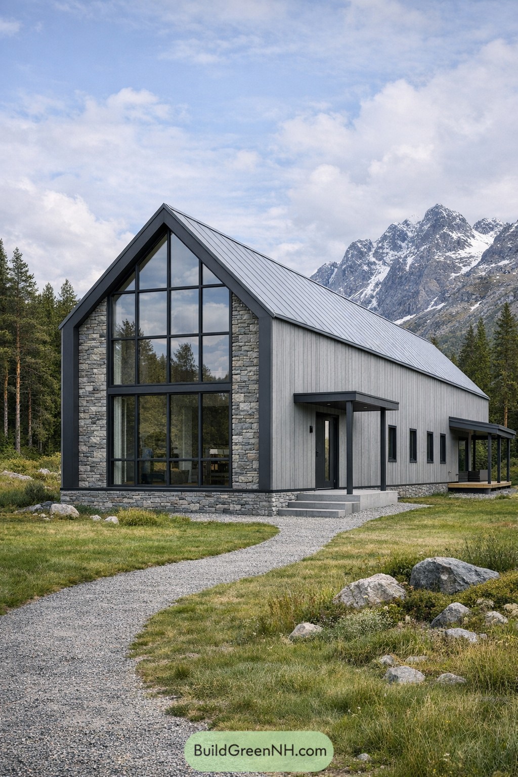 Modern Scandinavian house with tall glass gable and stone accents in a mountain meadow