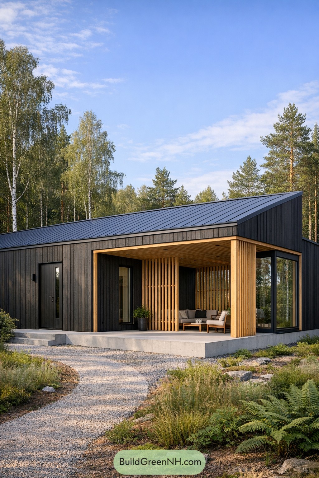 Dark-clad Scandinavian house with wood slat terrace and large corner windows