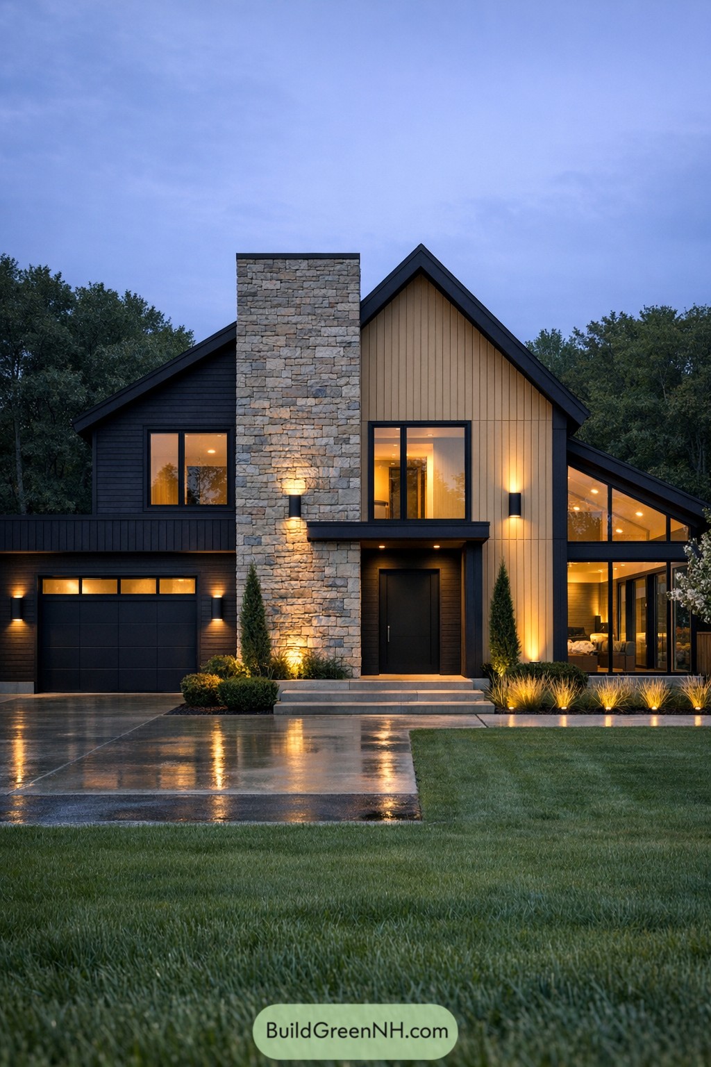high-res photo of scandinavian modern house, facade: asymmetrical front with intersecting gabled volumes, prominent stone-clad tower, dark horizontal wood siding, recessed entry portal; colors: charcoal black cladding, light gray stone, warm beige vertical paneling in main gable, black metal trims, warm golden interior and exterior lighting; shape of the structure: two-story gabled main volume, single-story flat-roofed garage block on the left, angular glazed side wing on the right, clean rectilinear lines; materials of the building: dark-stained timber cladding, smooth vertical siding or metal panels in light tone, stacked stone veneer, black powder-coated metal framing and fascia; roofing: dark standing-seam metal roofs on gabled volumes, minimal overhangs, flat dark roof over garage; windows: large floor-to-ceiling fixed panes with thin black frames, tall vertical side windows, slim horizontal clerestory windows above the garage door, expansive glazed corner in right wing; doors: flush dark front door recessed under a small overhang, wide black paneled garage door with upper glass band; outdoor structures: smooth concrete driveway and forecourt, short concrete steps to entry, narrow concrete paths bordering facade, wall-mounted rectangular sconces accenting stone and wood surfaces; landscaping: deep green lawn in foreground, low ornamental grasses with integrated uplighting along base of stone tower and right wing, clipped low shrubs, tall slender evergreens framing entry, flowering small trees near property edges; surrounding environment: private suburban plot enclosed by understated wooden fencing, dense mature trees in background forming a dark green canopy; setting and scene: twilight or early evening ambiance with soft blue-gray sky, house illuminated by warm interior glow and exterior accent lights, slight reflections on wet-looking driveway. real-life photo, high-resolution, architectural photography, soft lighting, cinematic composition.