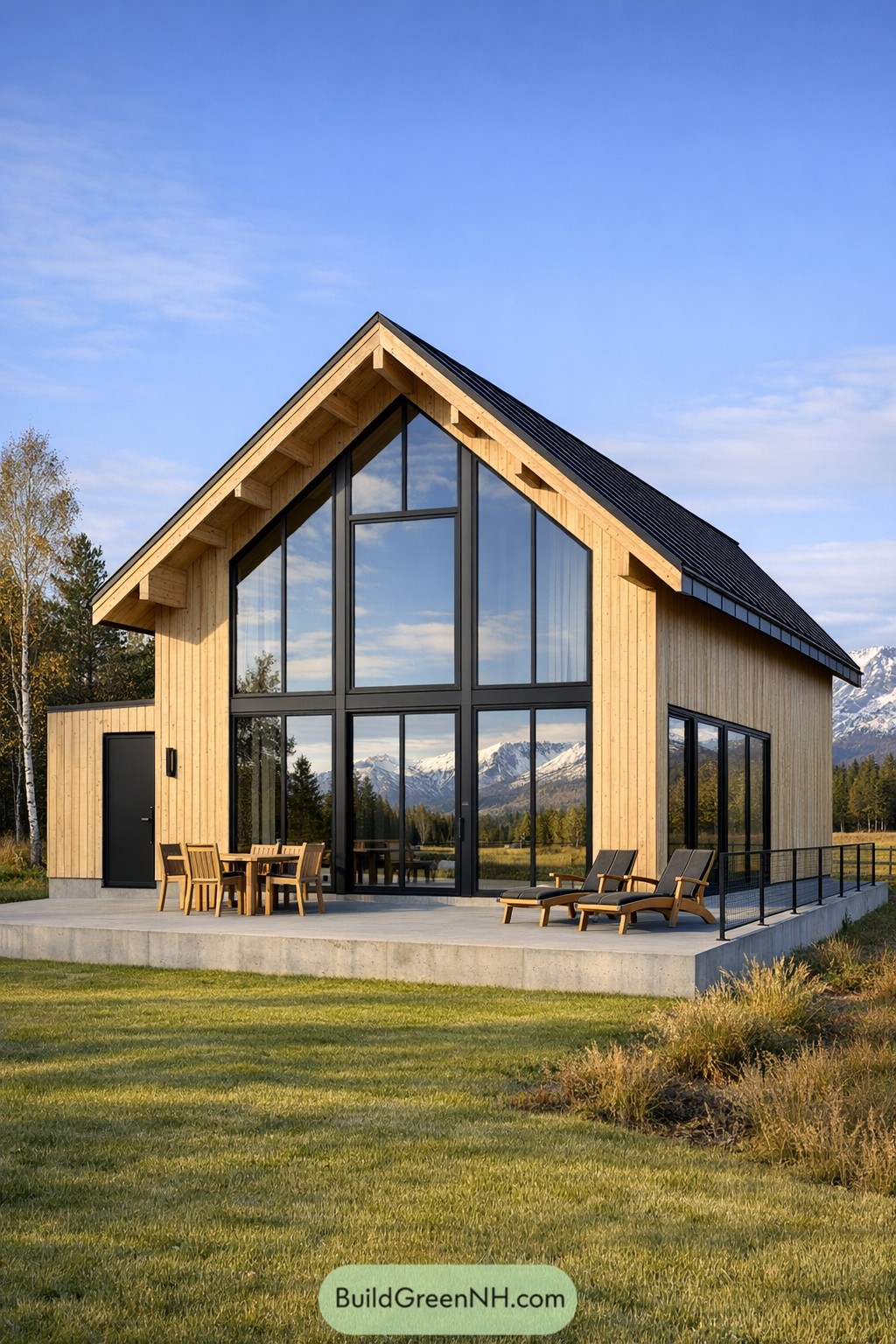 Scandinavian-style timber house with full-height glass facing mountains