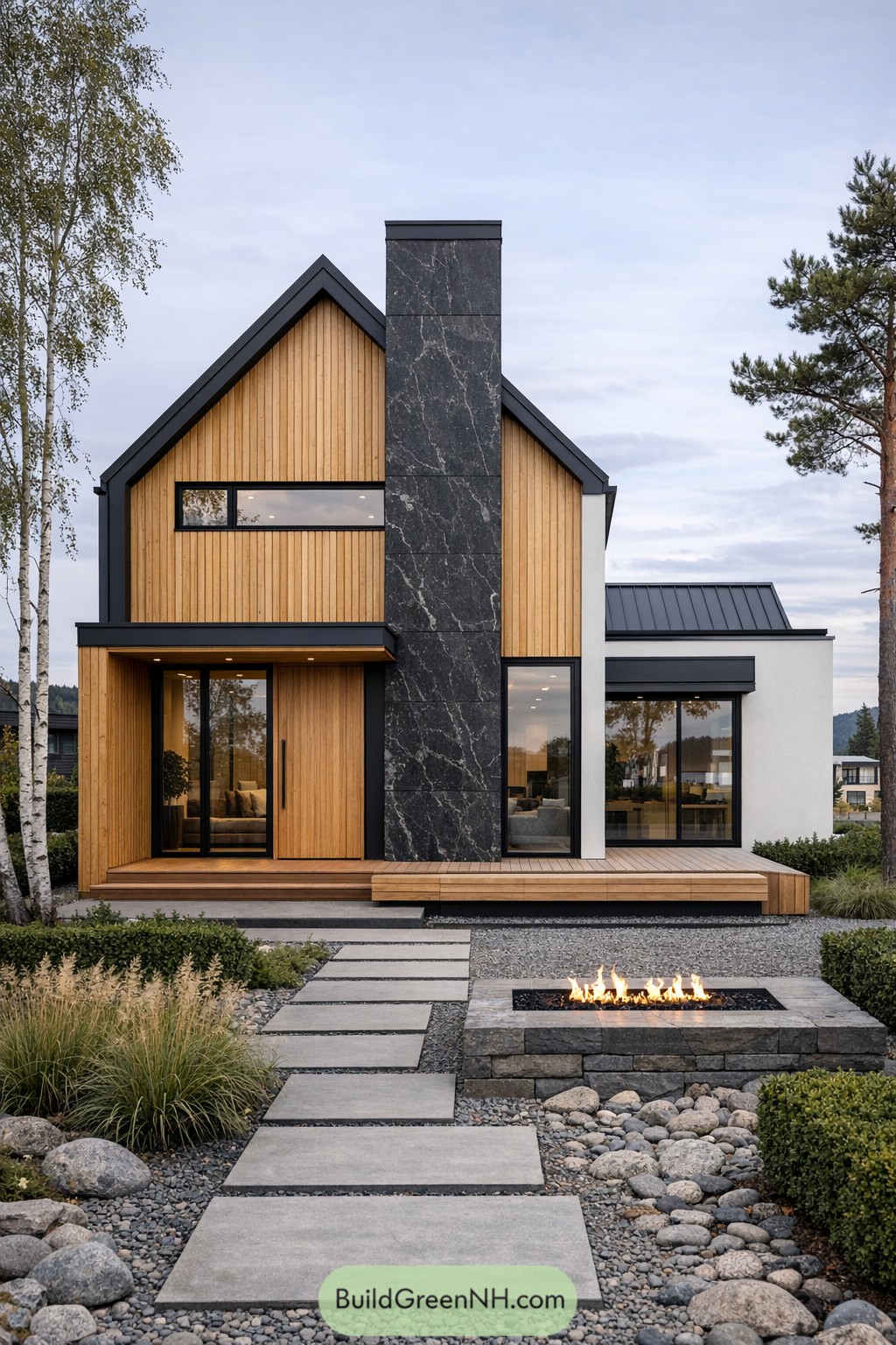 Contemporary Scandinavian house with wood cladding, dark stone chimney, and front fire pit