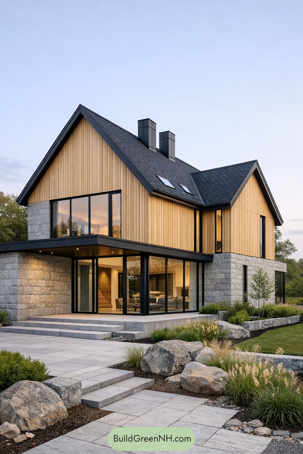 Modern Scandinavian house with stone base large windows and wood siding