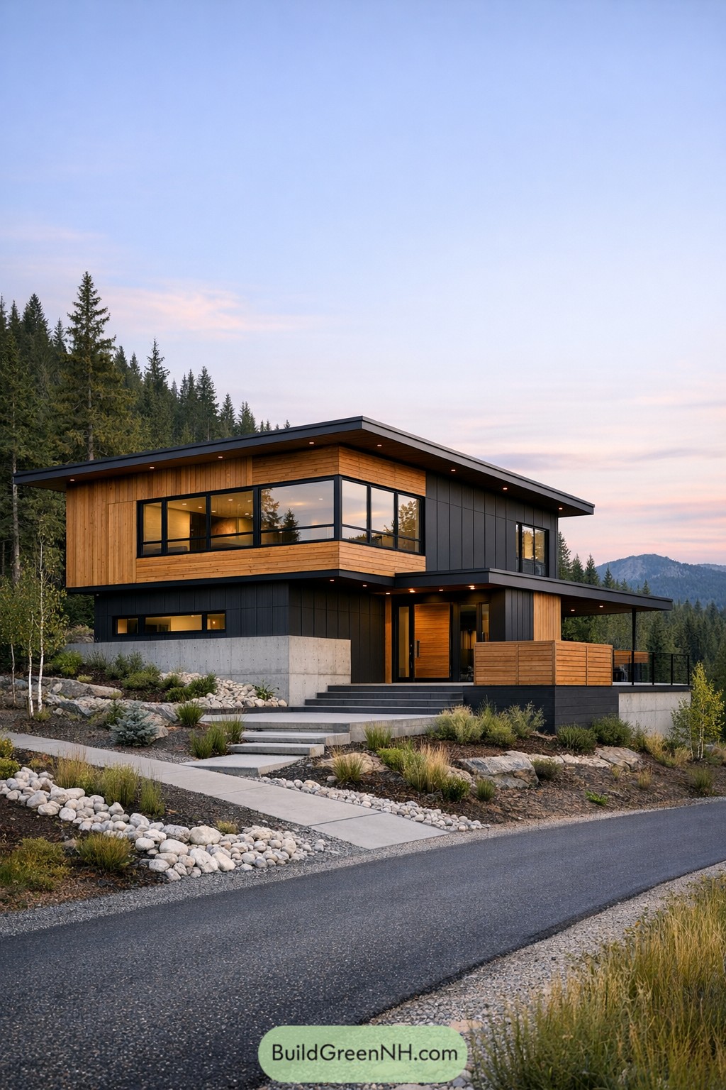 Modern Scandinavian two story house with wood and dark panels on a sloped mountain site at sunset