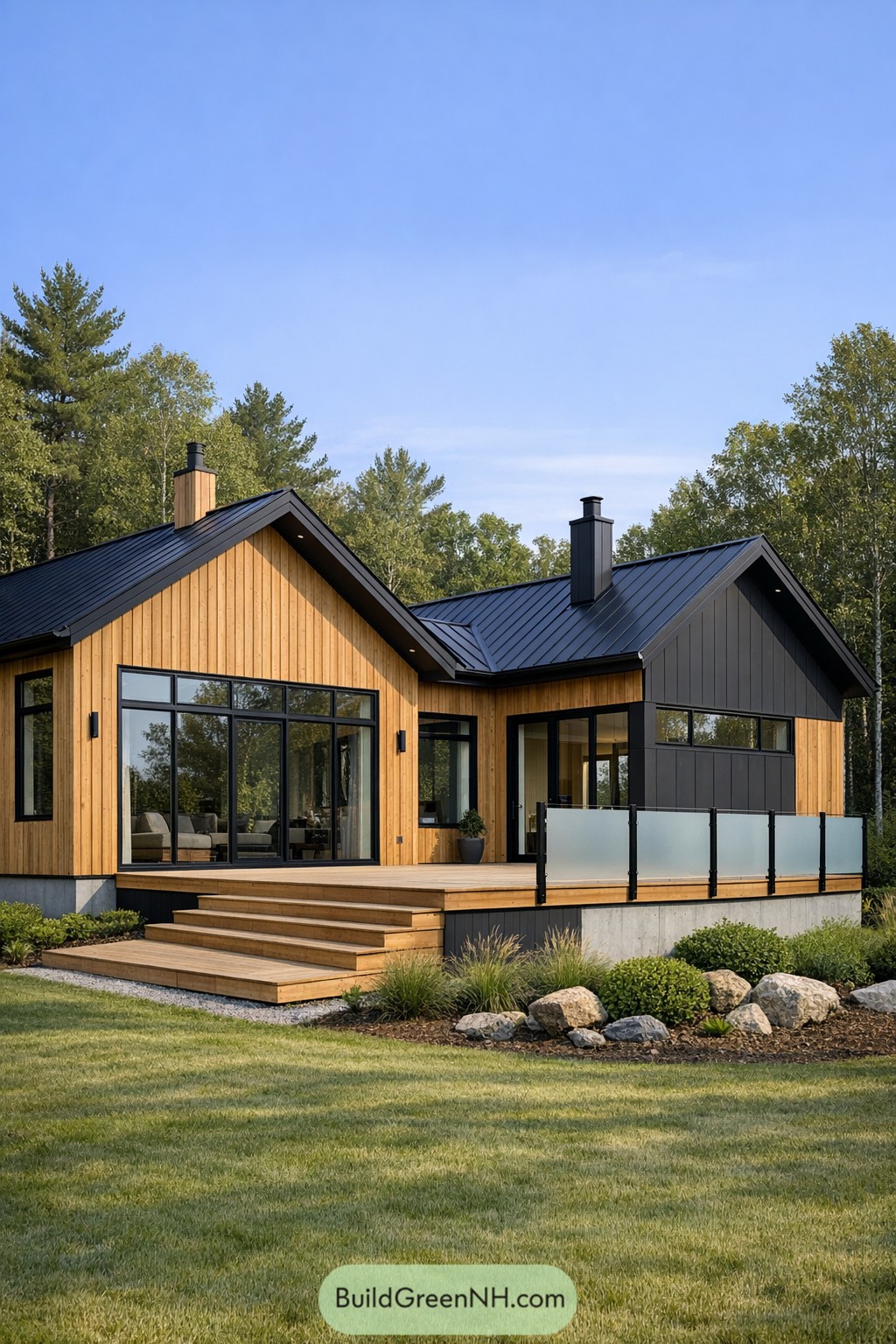 Modern Scandinavian house with warm wood siding, black metal roof, and large deck facing a landscaped yard