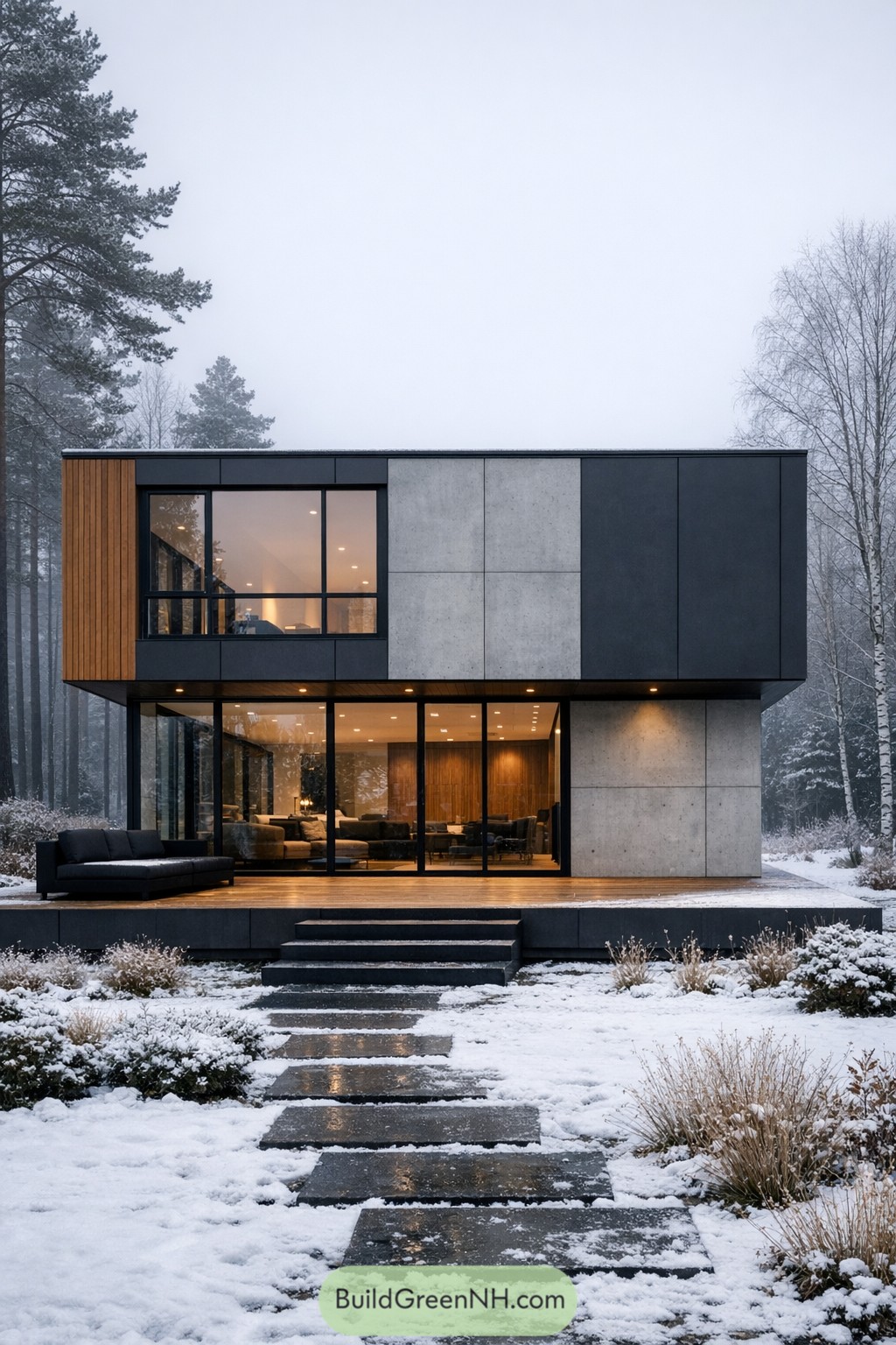 Modern Scandinavian house with boxy volumes, large glass walls, and mixed wood and concrete facade in a snowy forest