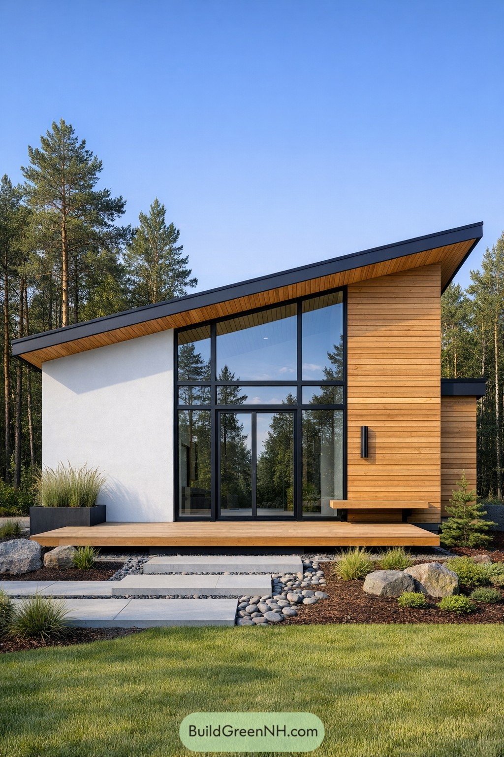 Modern Scandinavian cabin with sloped roof and large glass facade framed by wood and stucco