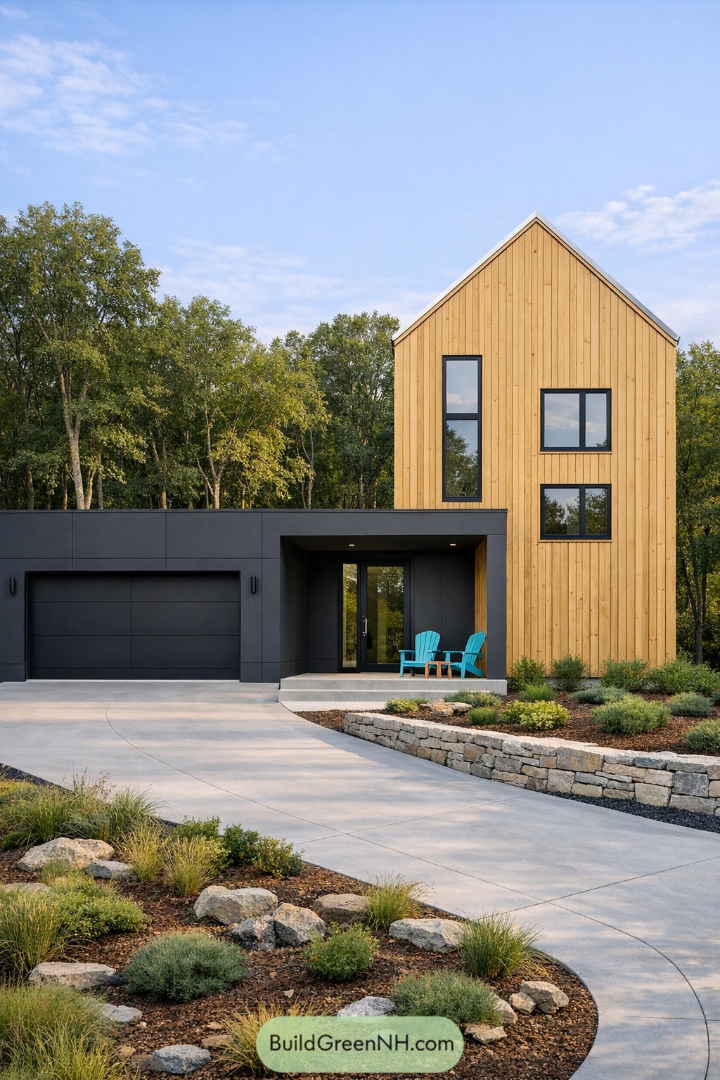 Modern Scandinavian house with black flat-roofed wing, tall wood-clad gabled tower, and minimalist landscaping