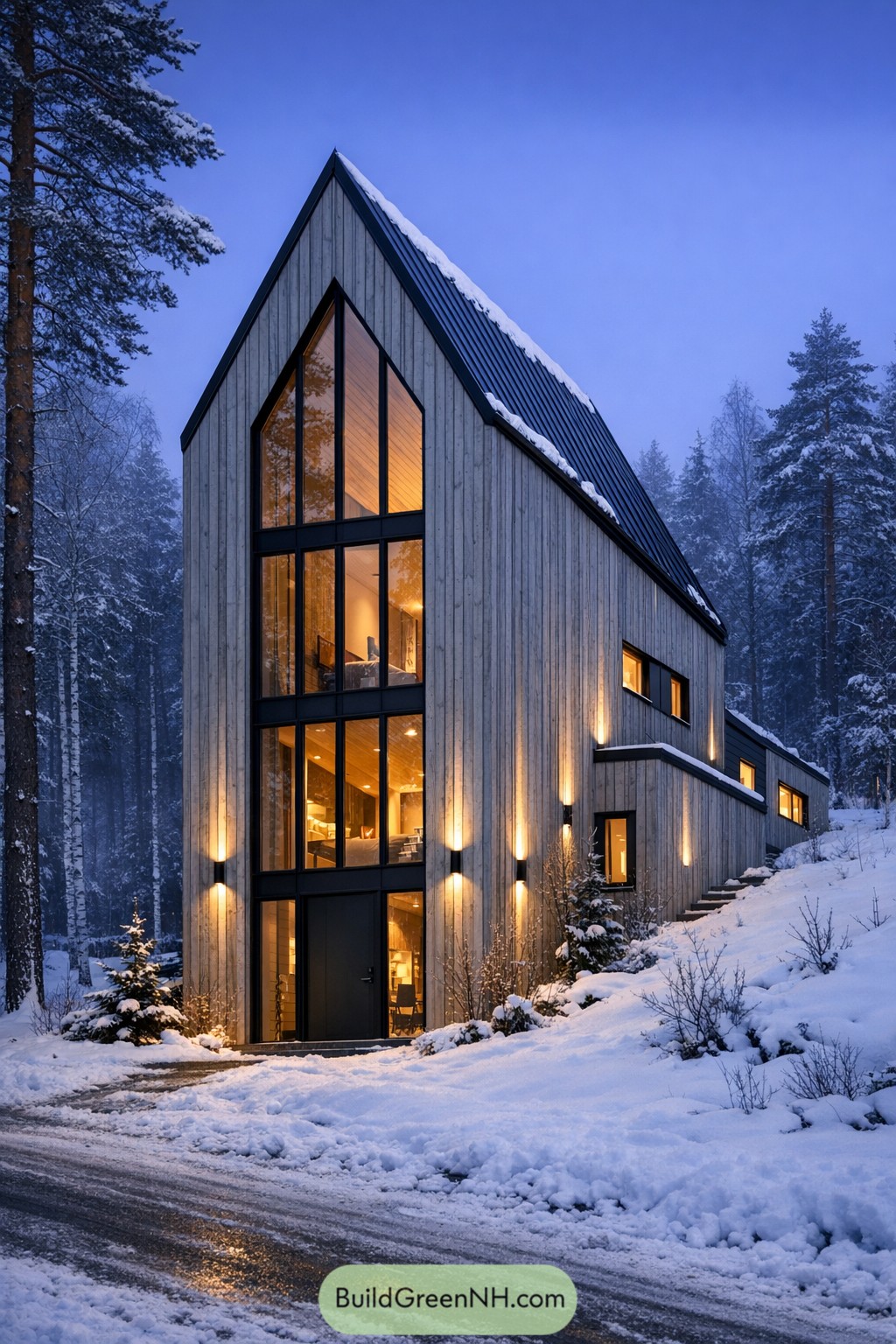 Tall modern cabin with full-height windows glowing in snowy forest