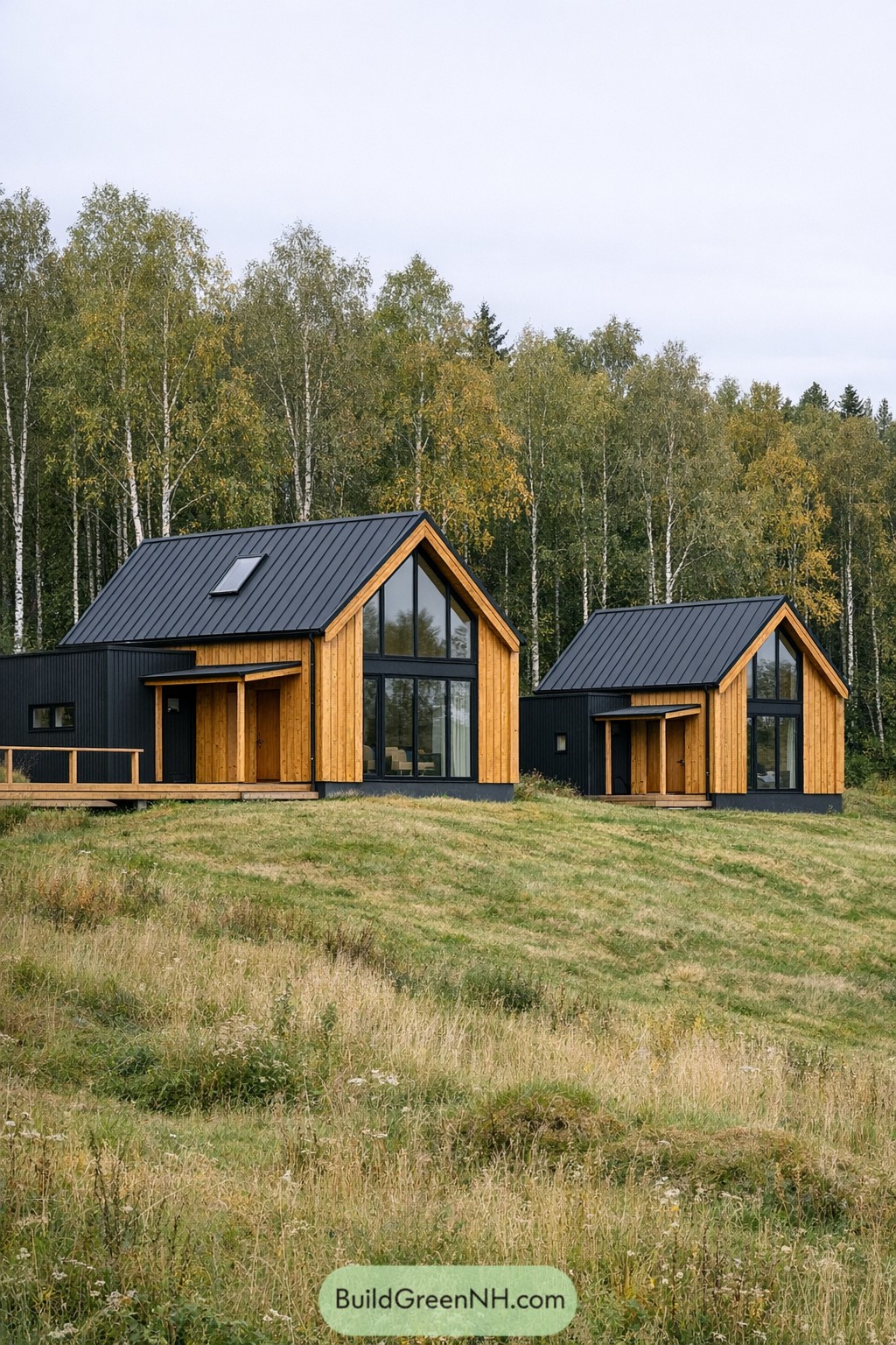Two modern black metal roof cabins with warm wood cladding on a grassy hillside backed by slender birch trees