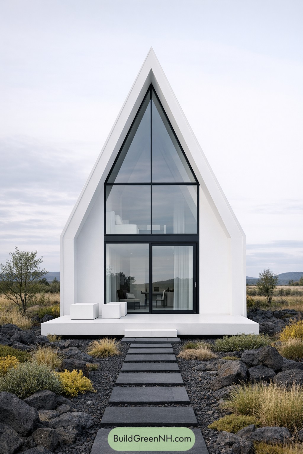 White A-frame micro house with full-height glass facade, basalt stepping path, and minimalist patio in a rocky meadow
