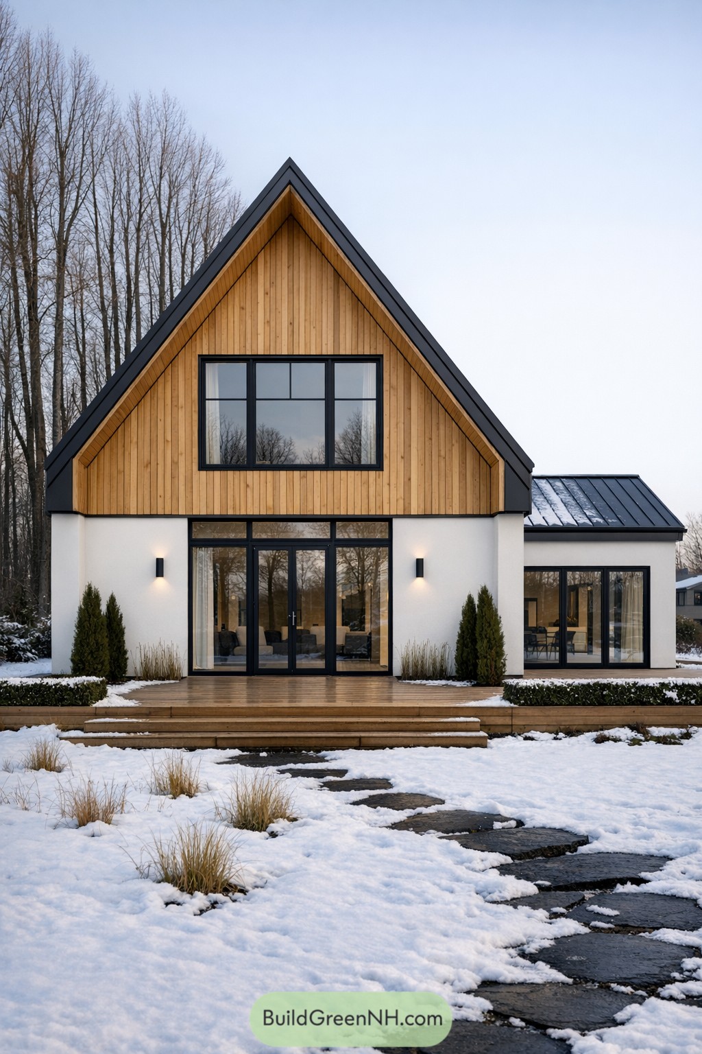 Modern Scandinavian house with tall wood gable, black-framed windows, and snowy yard