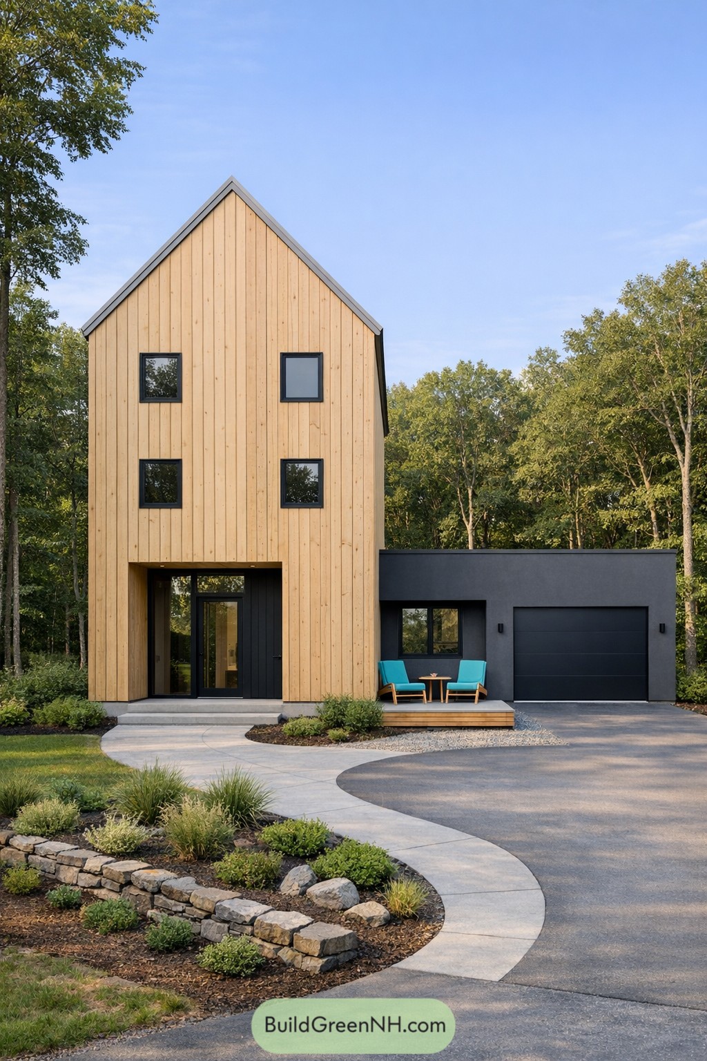 Tall wood clad house with attached dark wing and front patio seating
