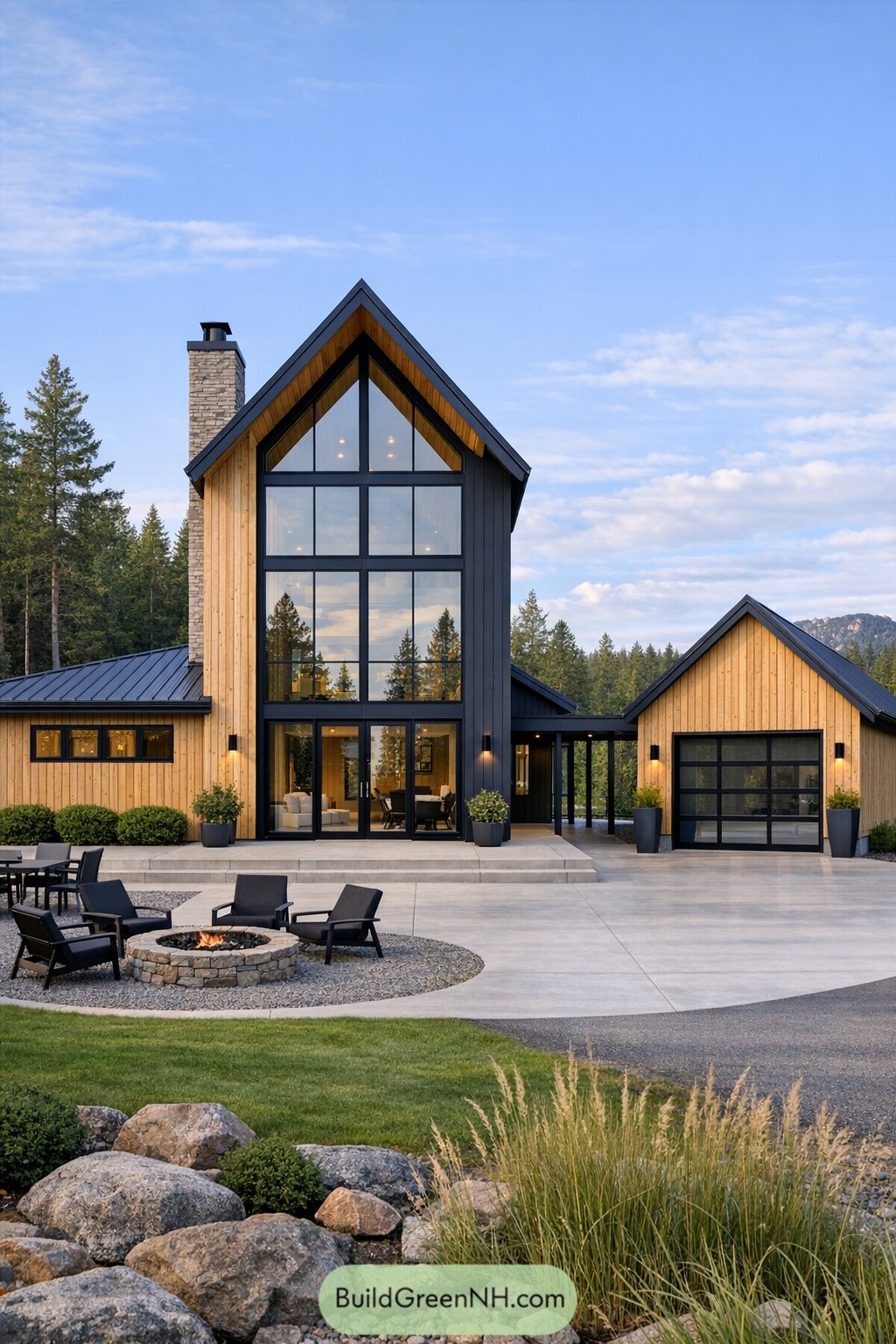 Tall modern cabin with black-framed glass facade and detached garage beside a circular firepit patio