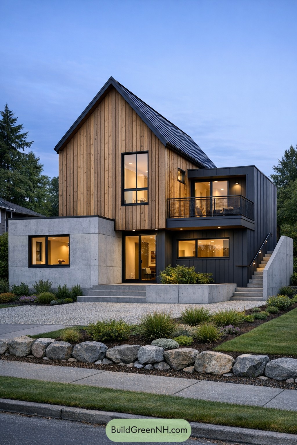 Modern Scandinavian house with vertical wood siding, concrete base, and black metal accents