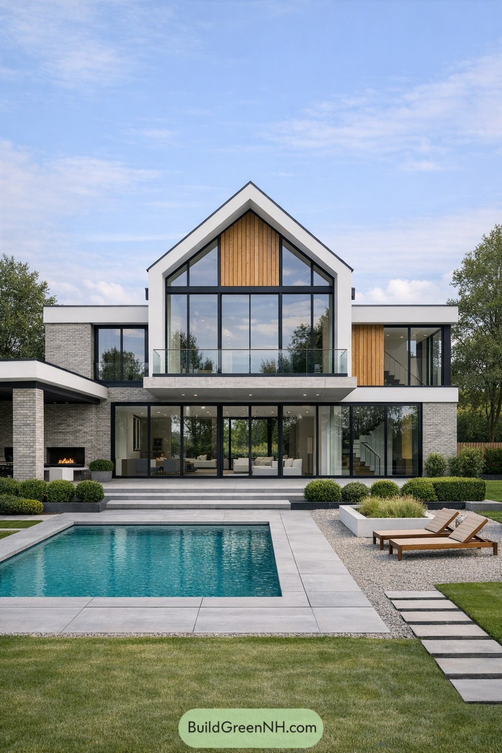 Modern Scandinavian house with tall glass gable, pool, and landscaped backyard