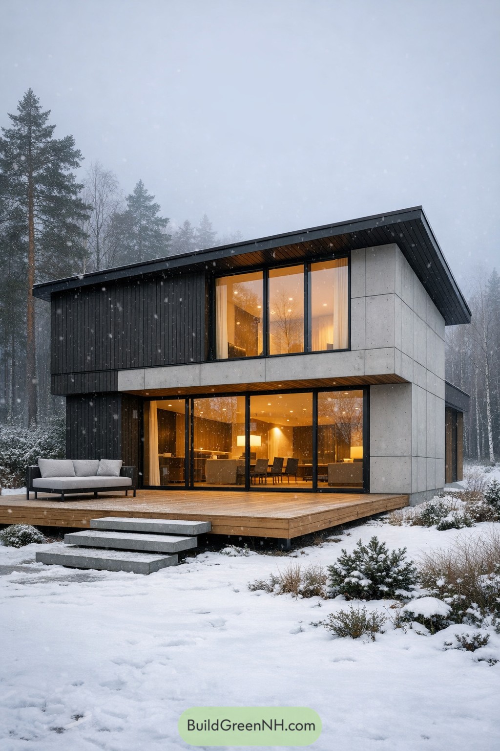 Two-story Scandinavian house with dark wood, concrete panels, and large warm-glowing windows in a snowy forest