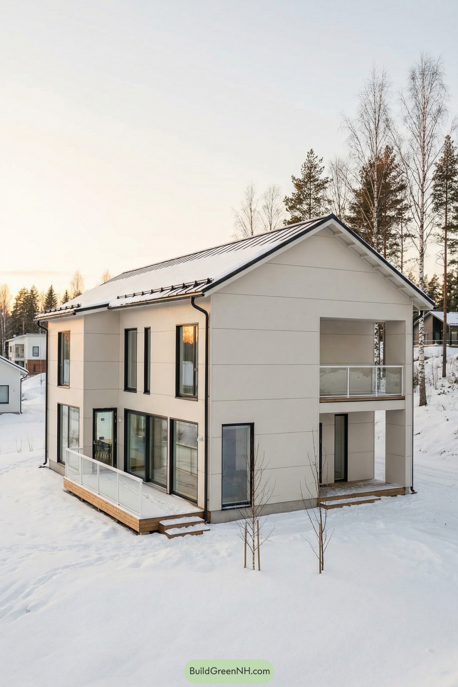Minimalist two story white house in snowy landscape with large windows and balconies