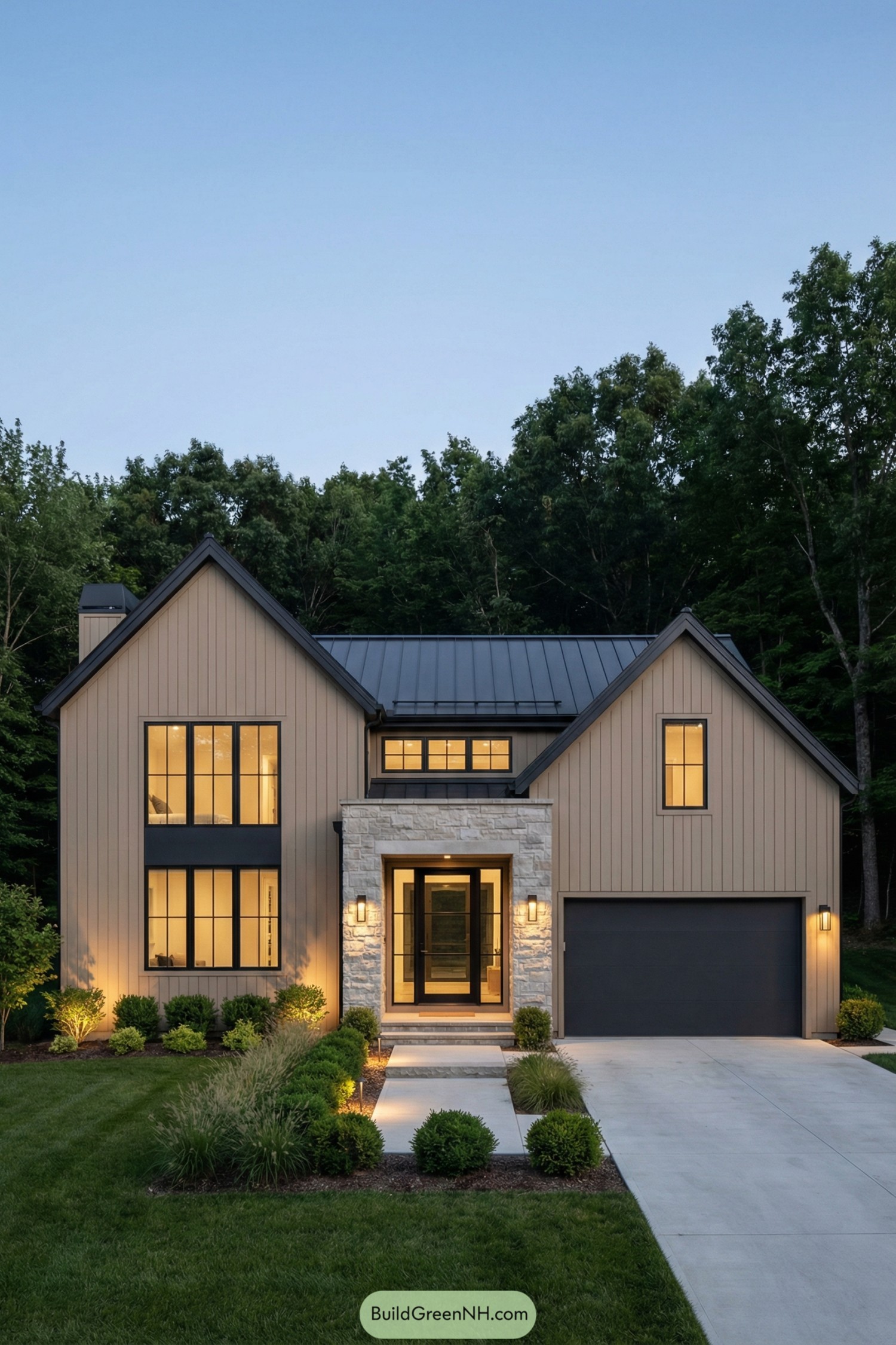 Modern Scandinavian house with vertical siding large black-framed windows and stone entryway