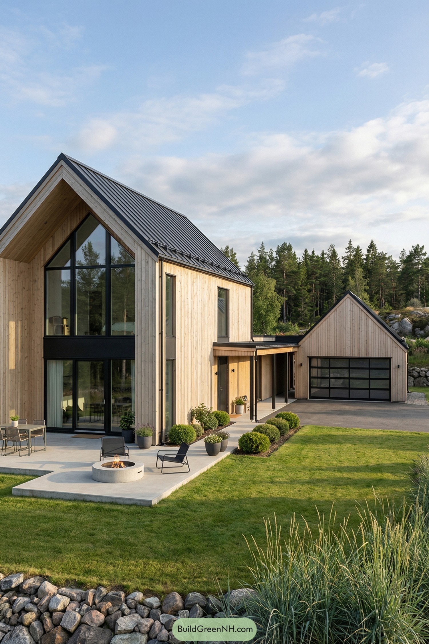 Modern Scandinavian house with tall gabled roof, wood cladding, large glass walls, and a patio with fire pit