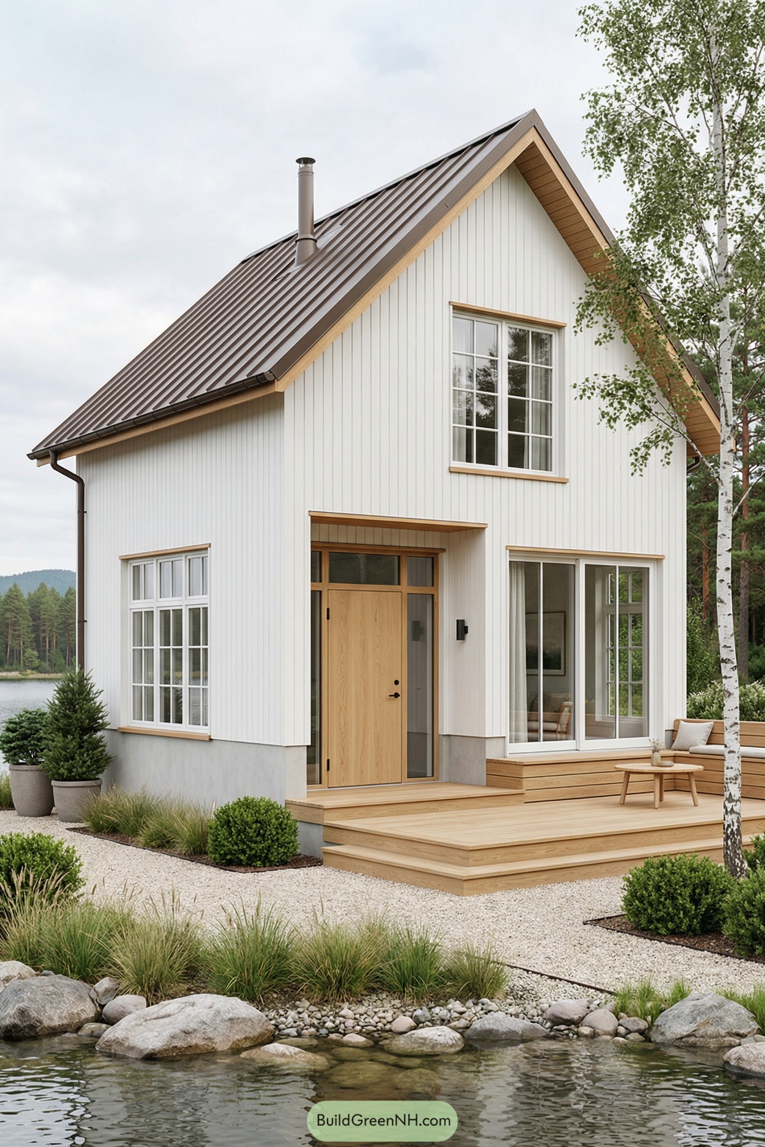 Compact white Scandinavian lake cottage with wood deck