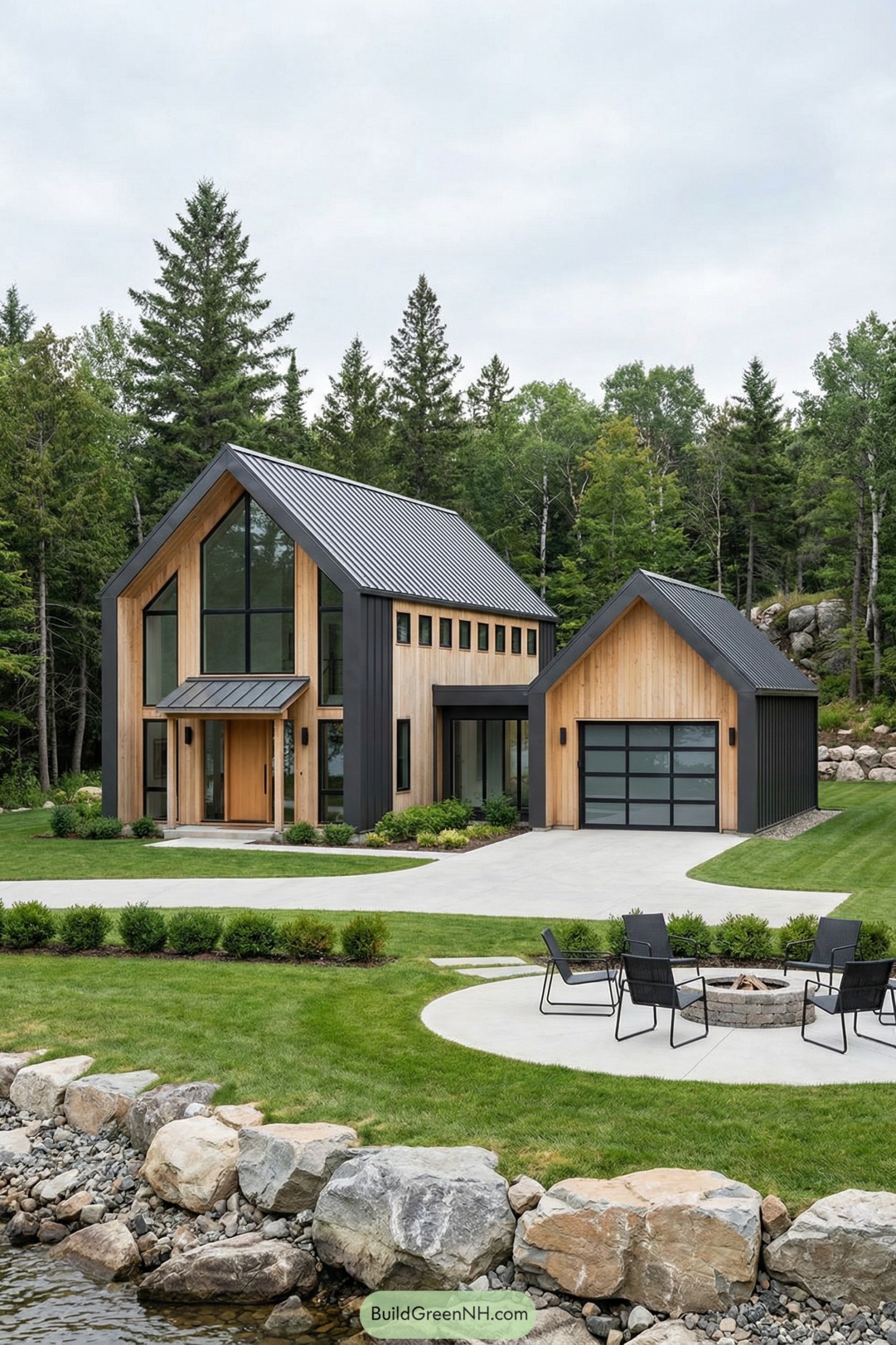high-res photo of Scandinavian style house, contemporary gabled facade with two offset volumes, minimalist lines, light natural wood cladding combined with dark charcoal vertical panels, tall narrow main volume and lower secondary gabled volume linked by a flat-roof connector, simple elongated A-frame shapes, standing-seam dark metal roofs with deep overhangs, large full-height glazed front wall in the main gable with black aluminum frames, ribbon of small square clerestory windows along the side, wide sliding glass doors on the ground floor with sheer curtains, solid wood entry door with vertical glass sidelights under a small metal shed roof canopy, secondary gable fronted by a wide glass-paneled overhead door with black grid framing, circular concrete patio with modern black chairs and a low round stone fire ring, smooth concrete driveway and paths, low trimmed shrubs and potted plants near the entrances, expansive manicured lawn leading to a rocky water edge with mixed gray and tan boulders in the foreground, dense backdrop of tall evergreen and mixed trees with distant rocky outcrops under a soft cloudy sky, real-life photo, high-resolution, architectural photography, soft lighting, cinematic composition.