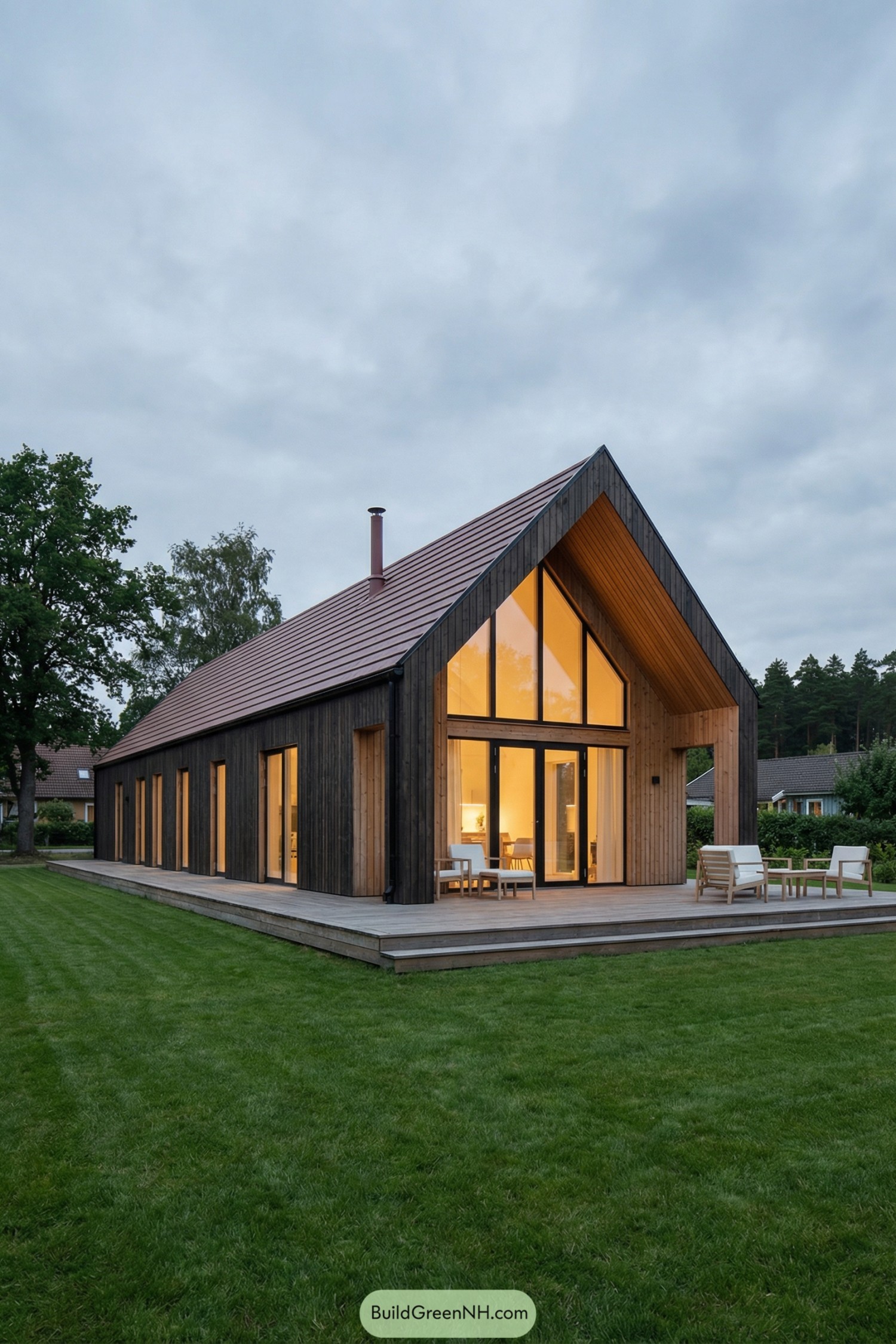 Modern dark wood gable house with large windows and wraparound deck