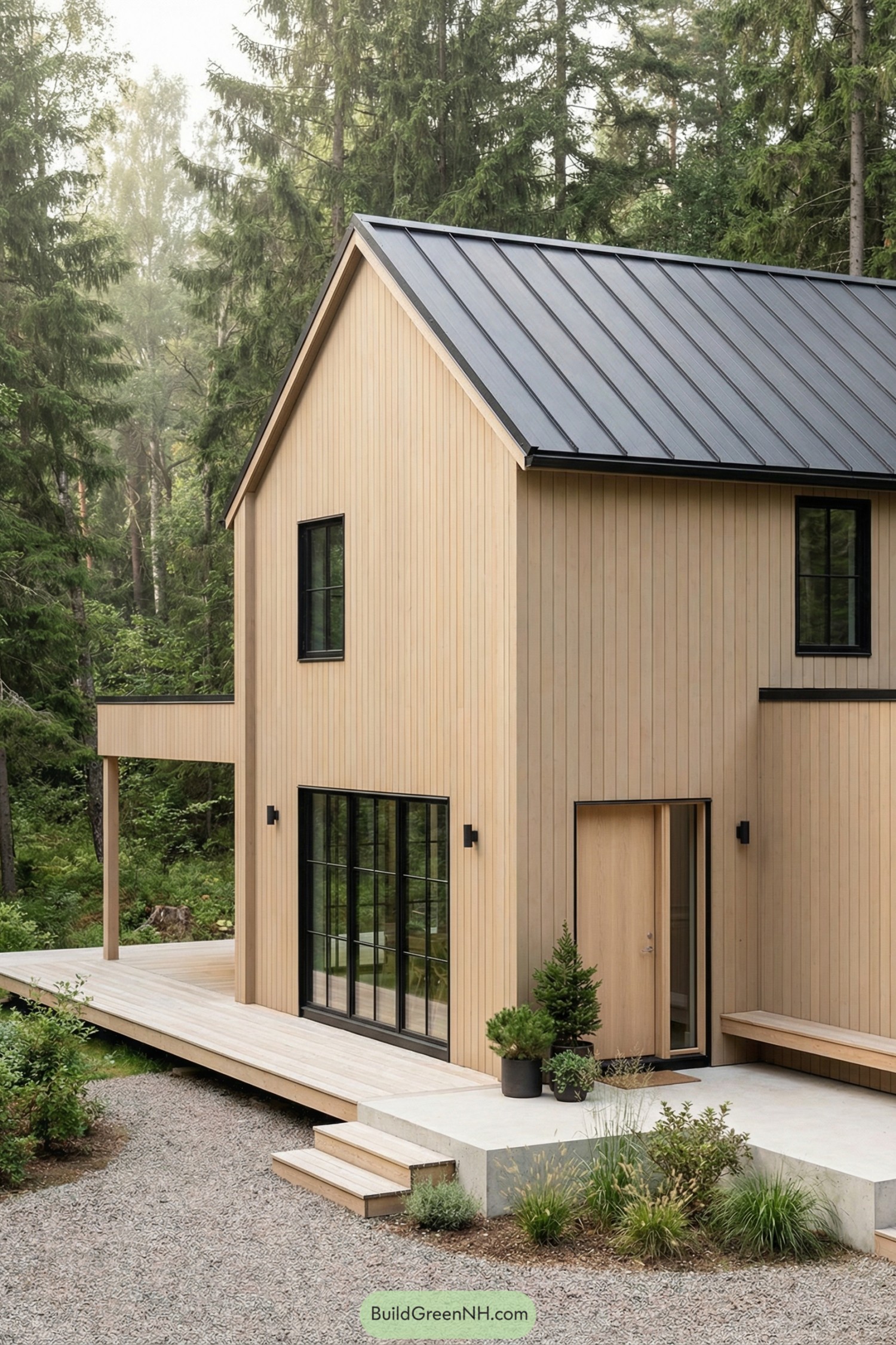 Scandinavian-style wooden house with black metal roof in a forest setting
