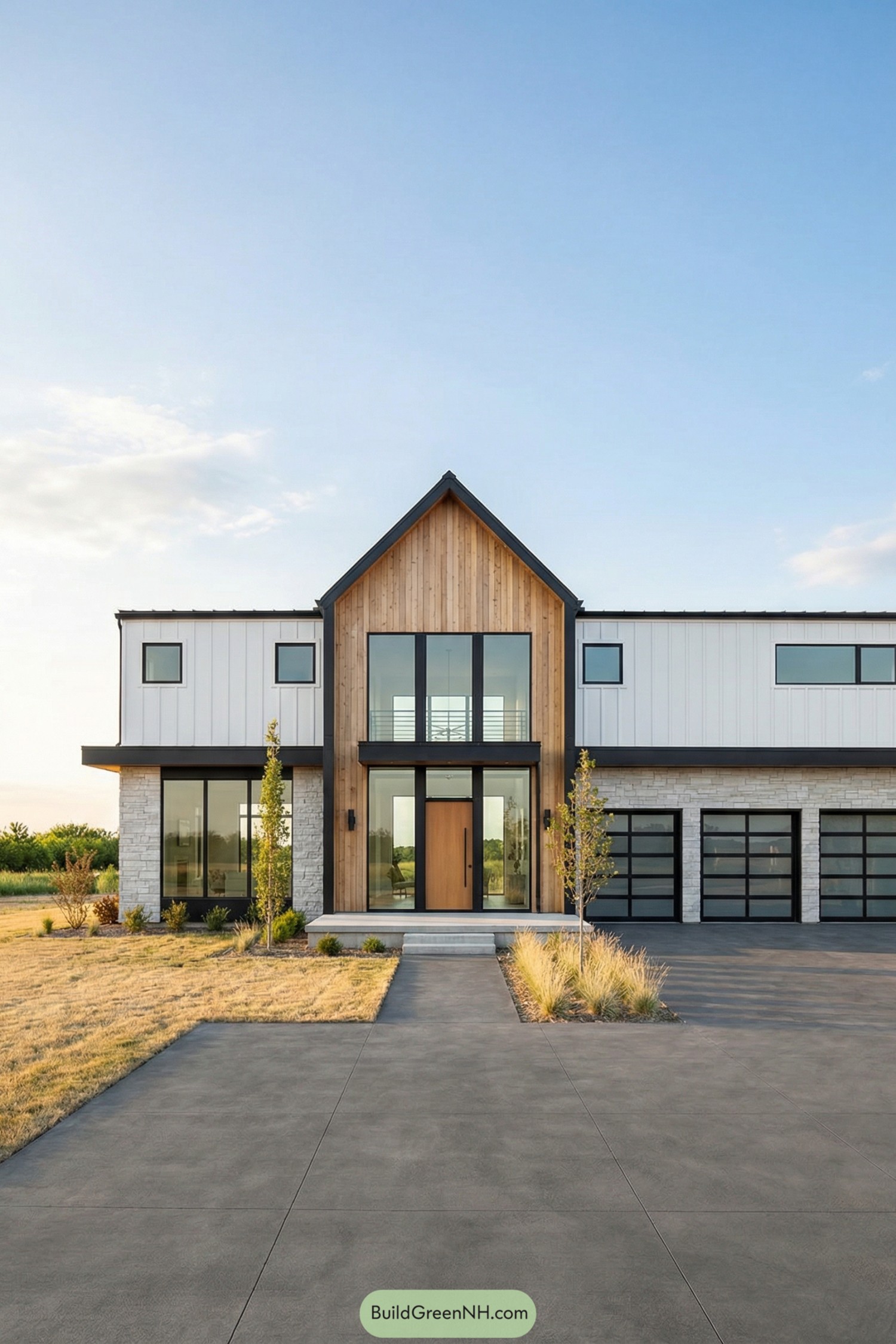 Modern Scandinavian farmhouse with tall central gable entry, mixed wood and stone facade, and three-car glass garage doors