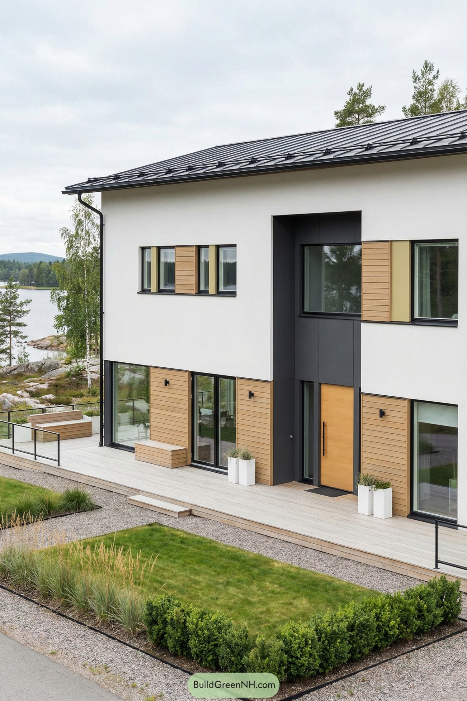 Two-story Scandinavian house with white and wood facade, large windows, and expansive deck overlooking a lakeside landscape. Minimal landscaping with grasses and boxwood frames the front of the home