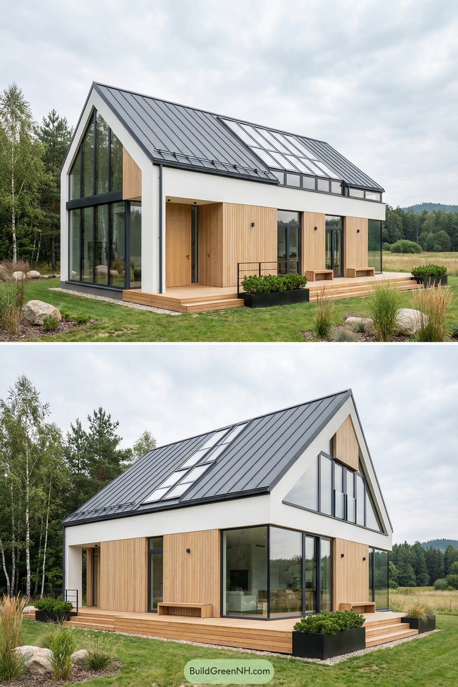 Modern Scandinavian house with tall windows wood cladding and metal roof