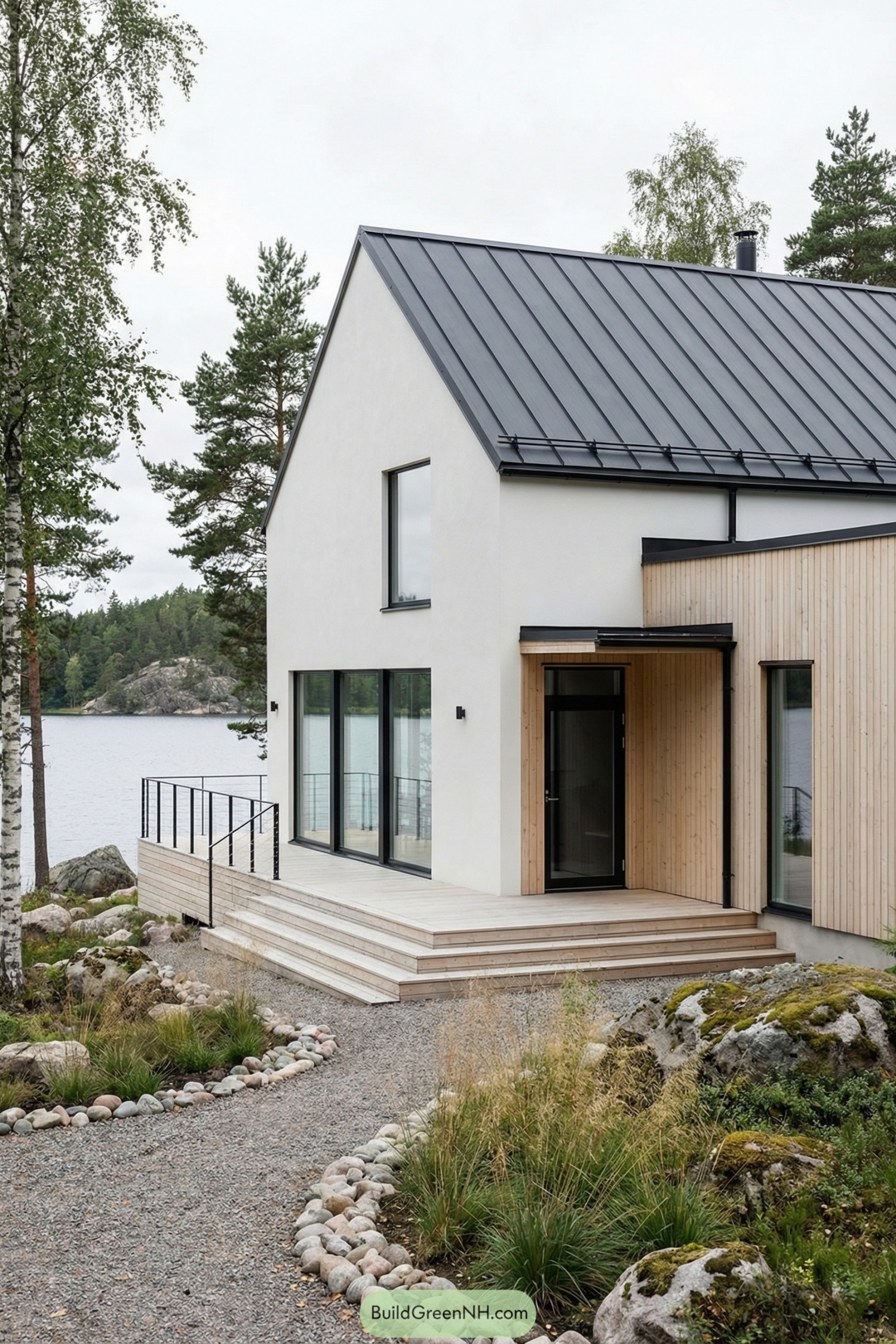 Scandinavian lakefront house with black roof and wood-clad terrace