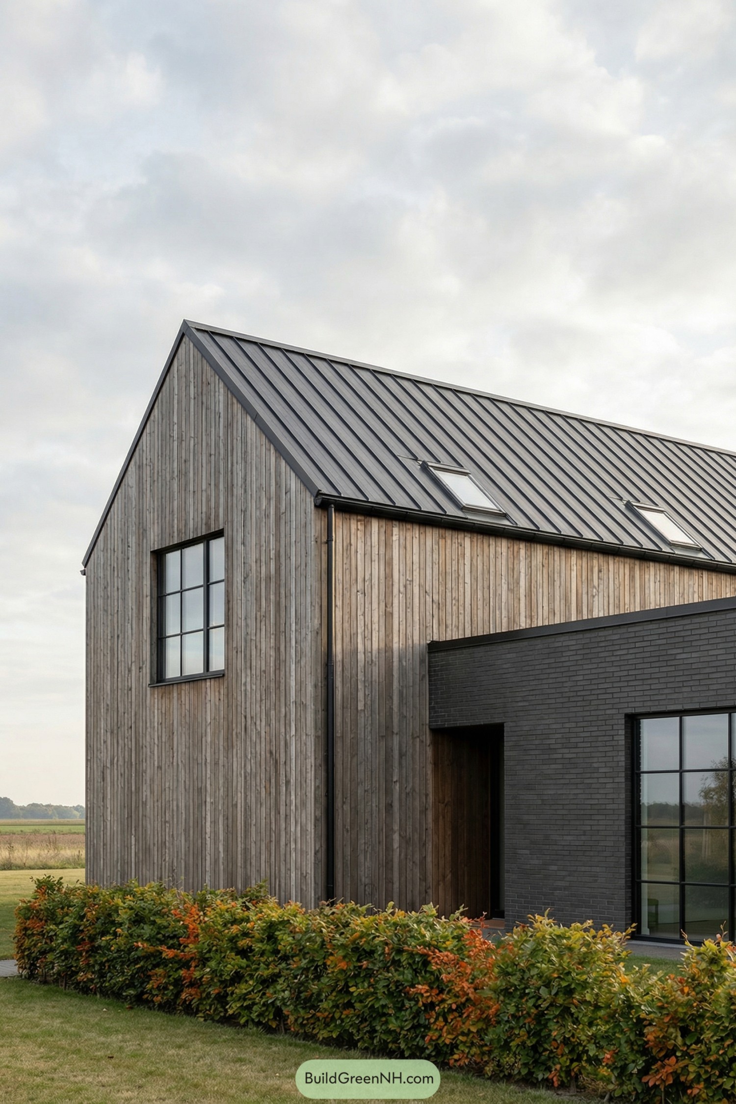 Modern Scandinavian house with wood cladding, black brick, and metal roof