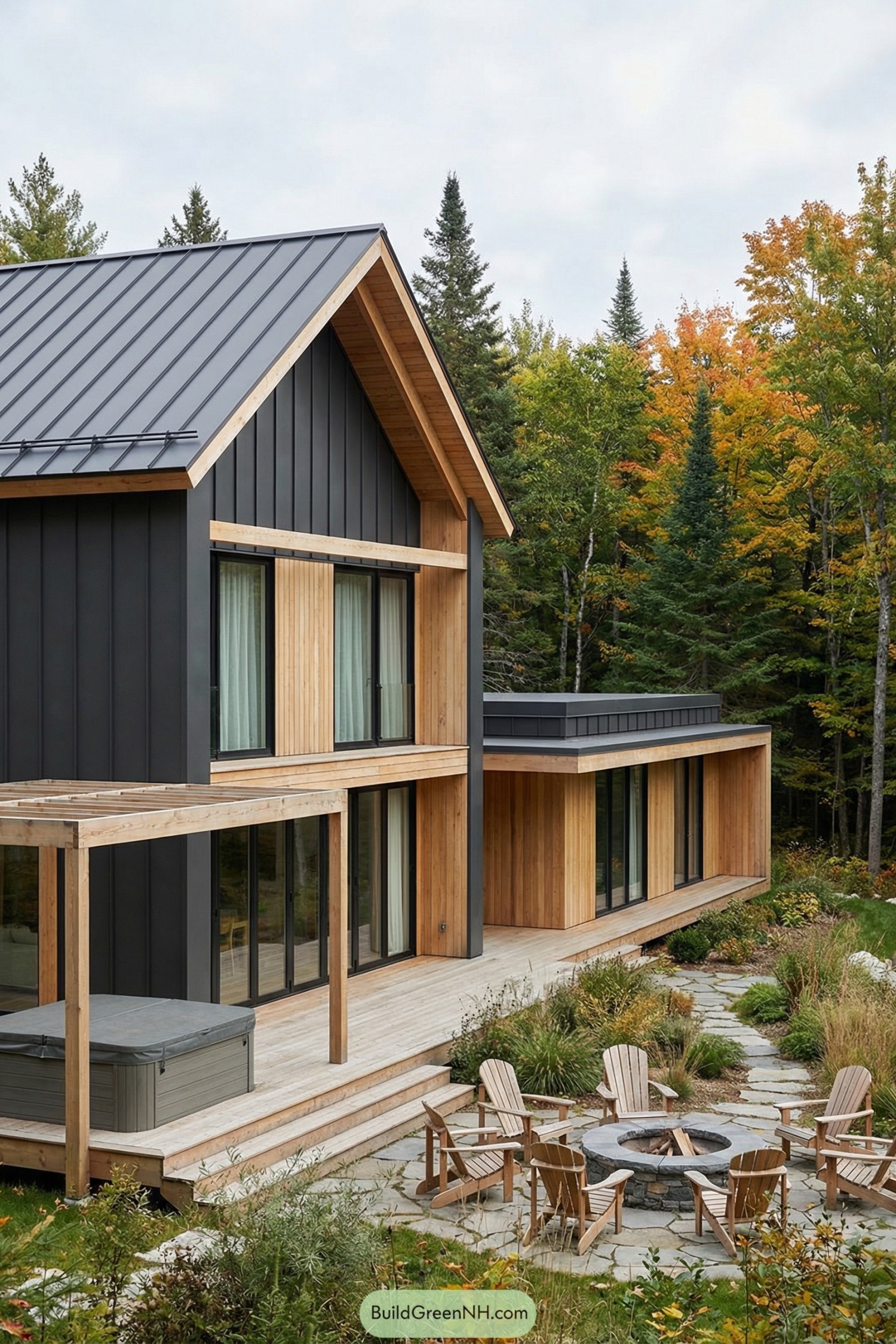 Scandinavian house with black metal siding and warm wood accents overlooking a firepit patio