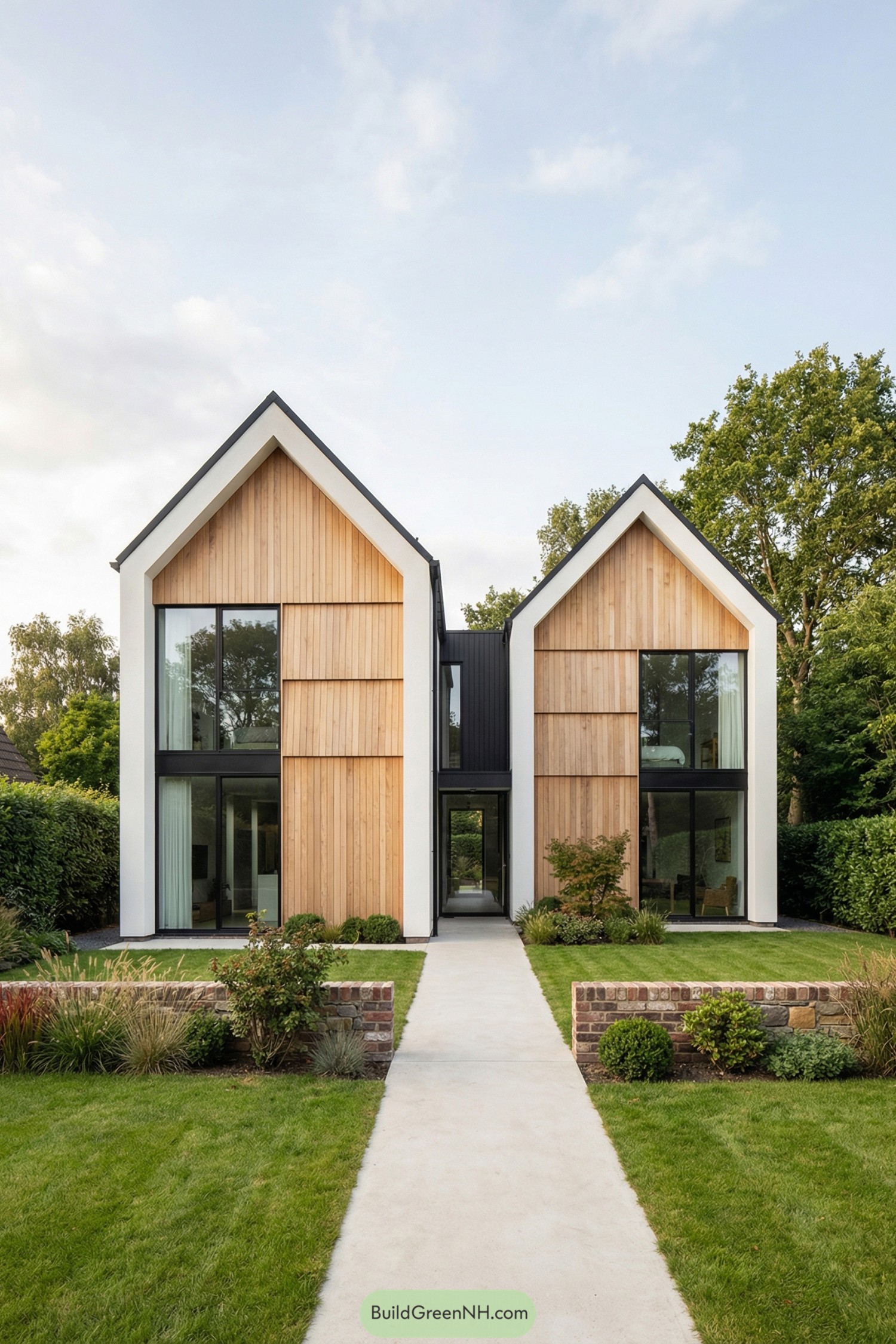 Modern twin-gabled Scandinavian house with tall wood cladding and large glass windows facing a landscaped front yard