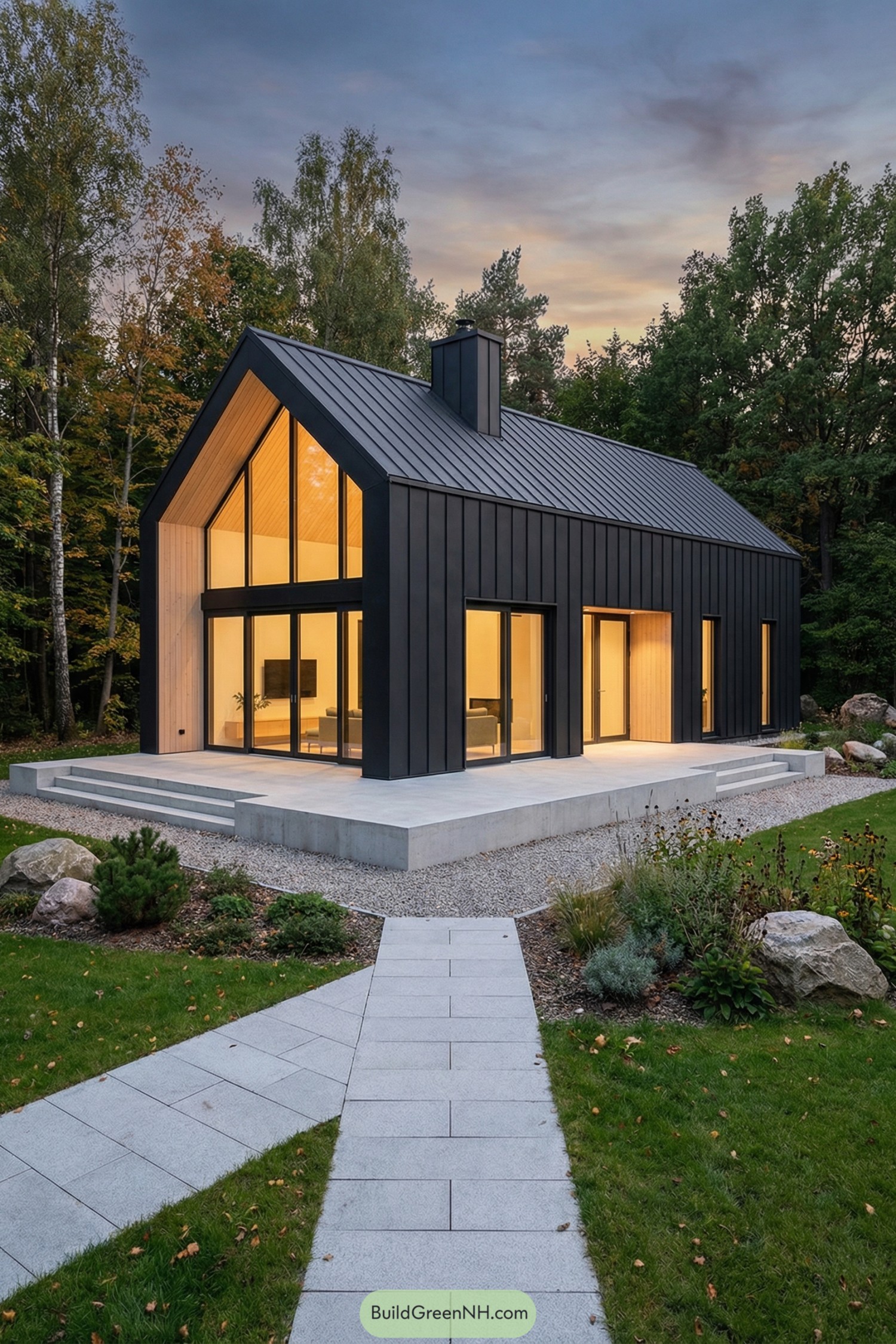 Modern black metal gabled house with large warm-glowing windows set on a minimalist concrete terrace in a green forest yard