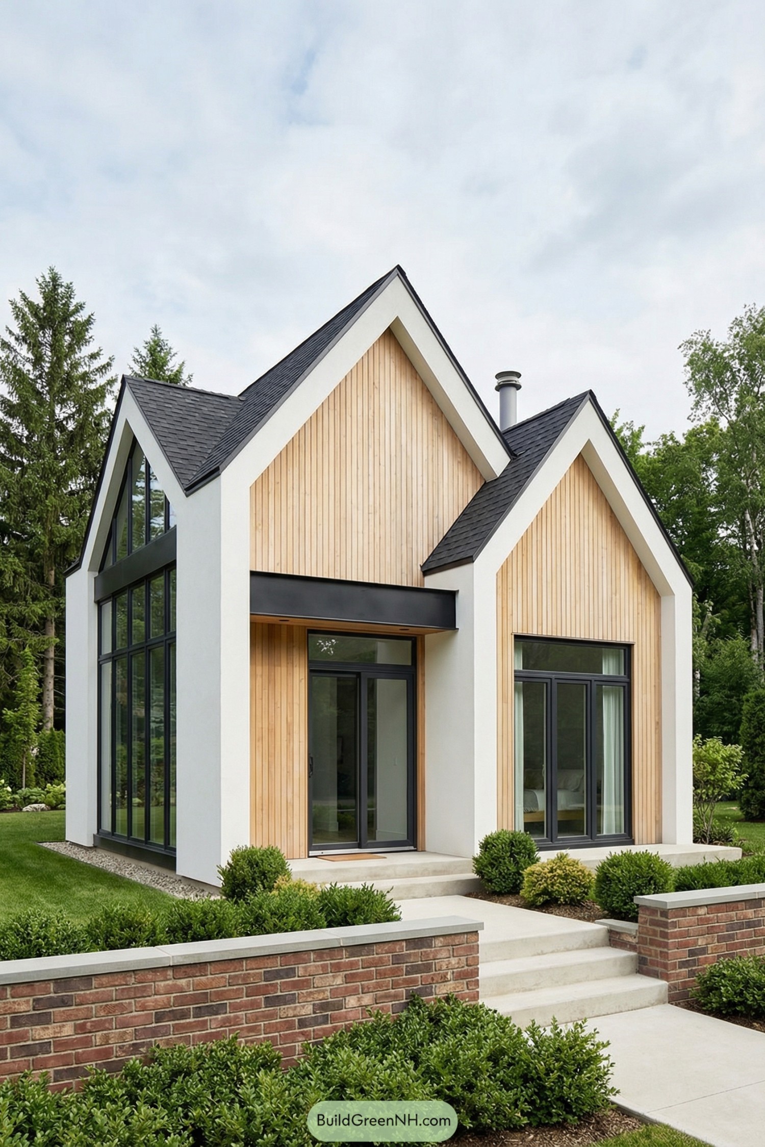 Modern Scandinavian house with twin gables and wood accents