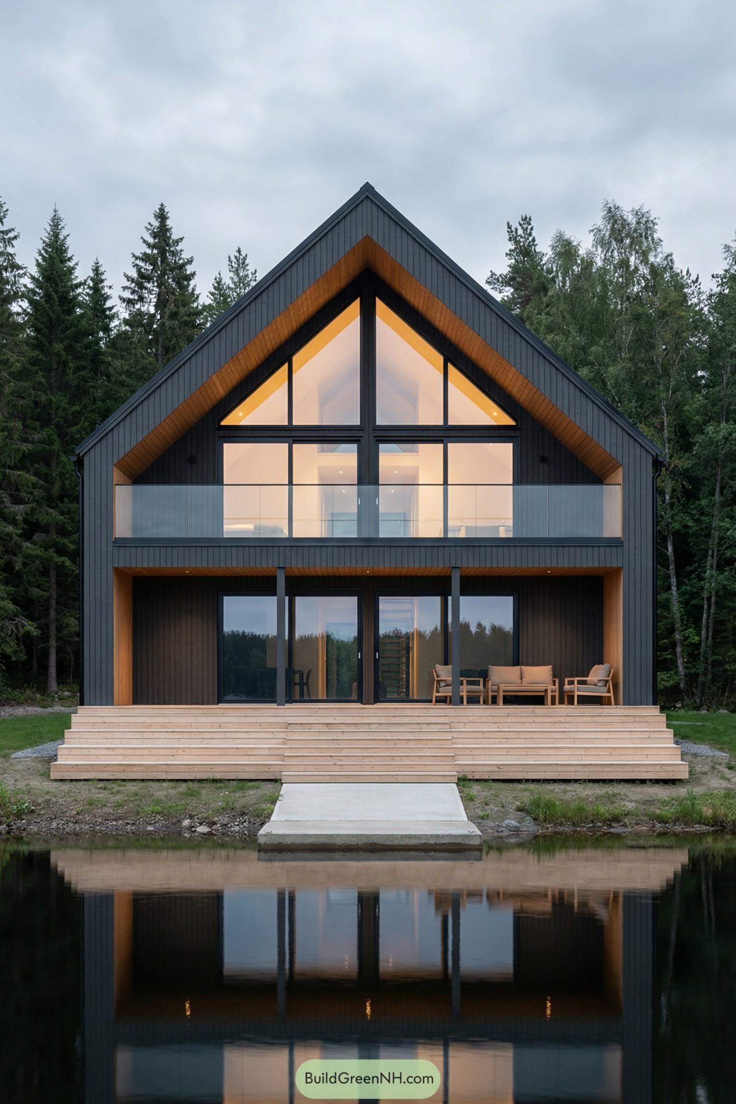 Modern A‑frame Scandinavian house with dark siding, large glass facade, and wide lakeside deck surrounded by forest