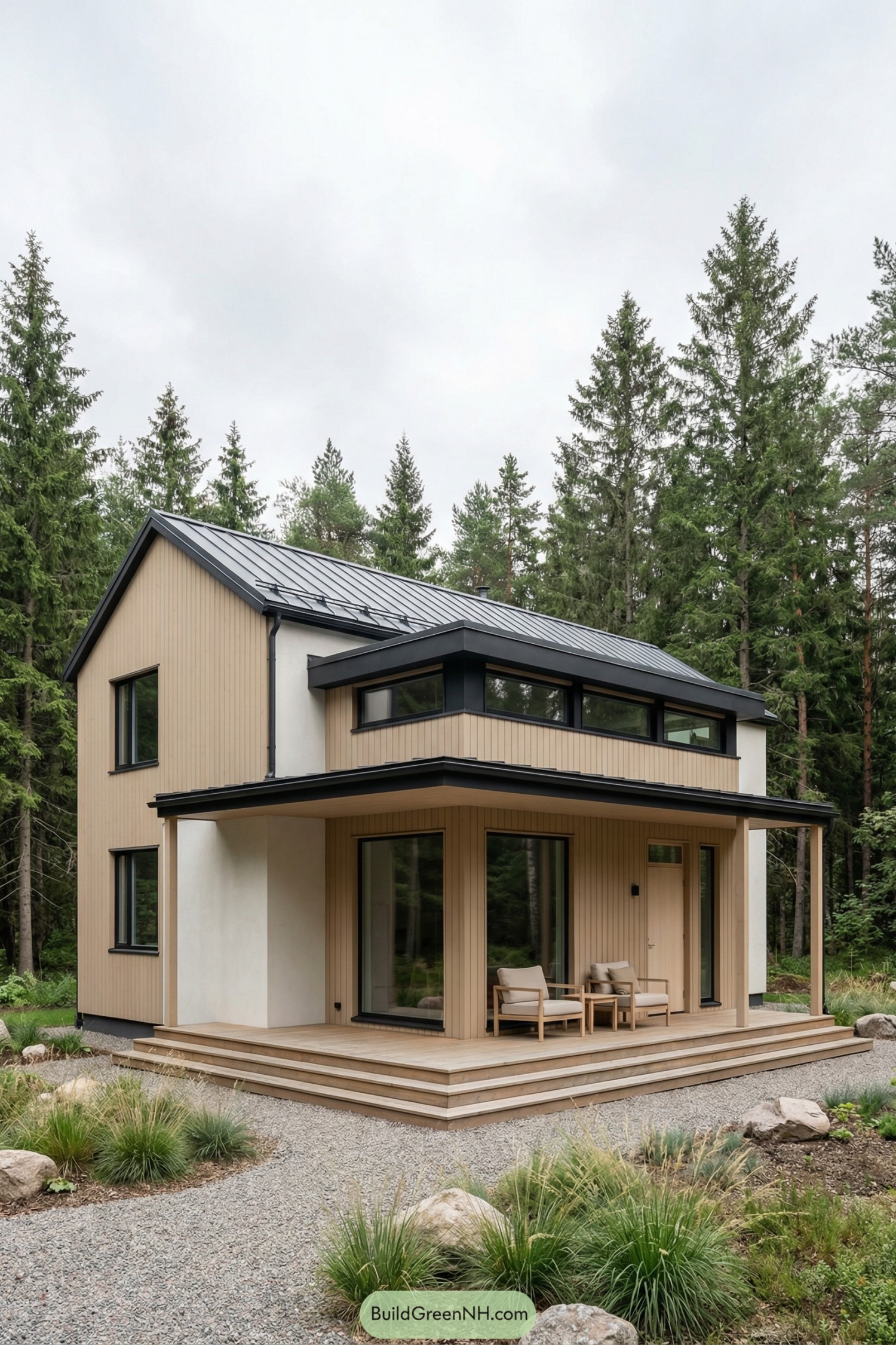 Two-story Scandinavian house with wood cladding, metal roof, and wraparound porch set in a forest clearing