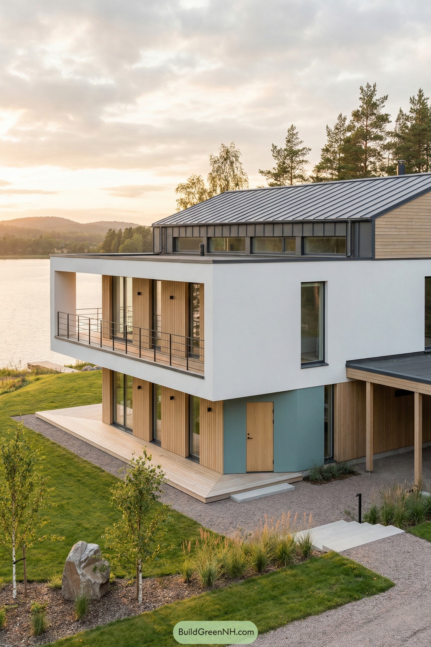 Modern Scandinavian house with boxy upper balcony overlooking a lakeshore