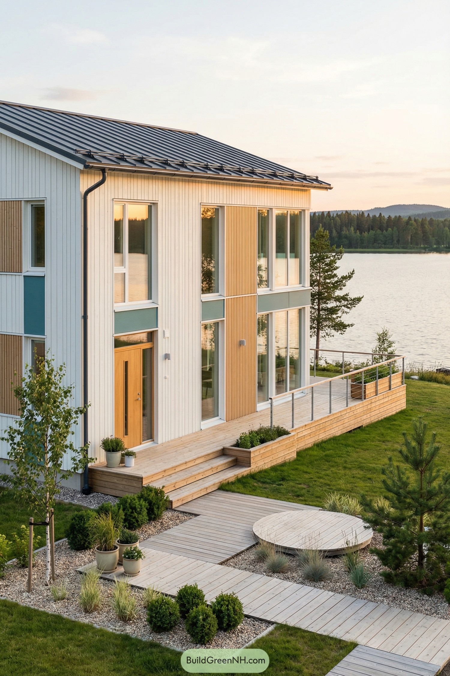 Modern Scandinavian lakefront house with large windows and timber deck